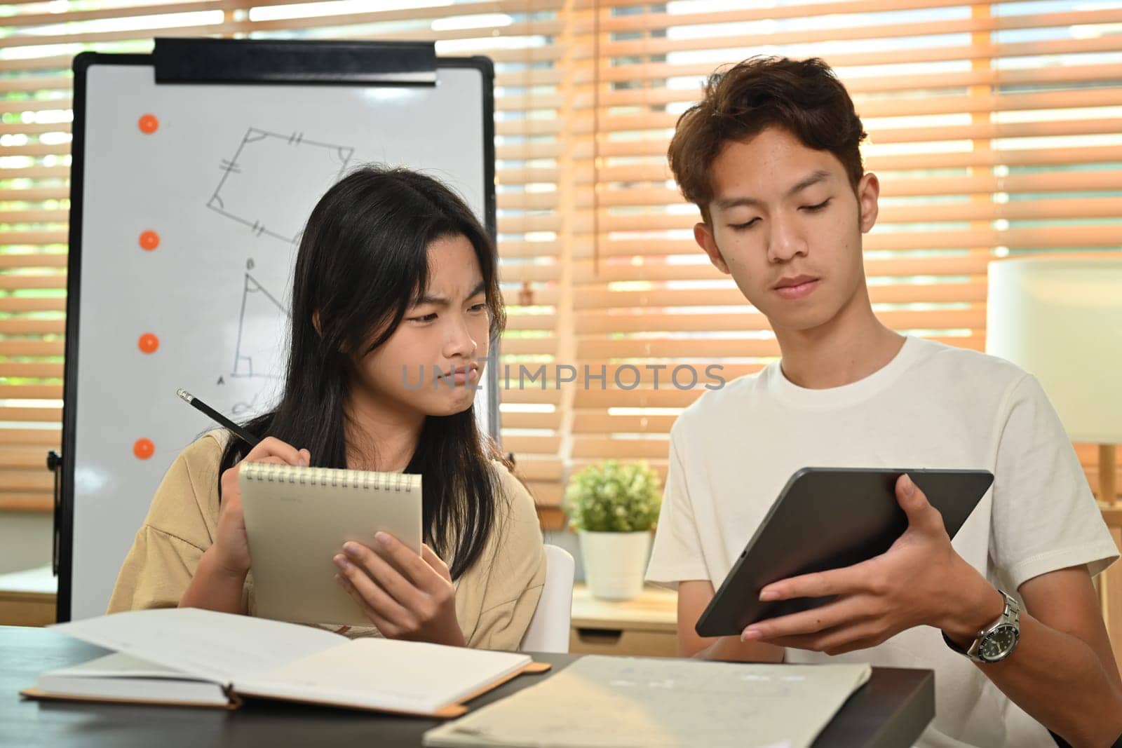 Asian male tutor giving private educational lesson to focused teenage girl. Homeschooling, education and people concept by prathanchorruangsak