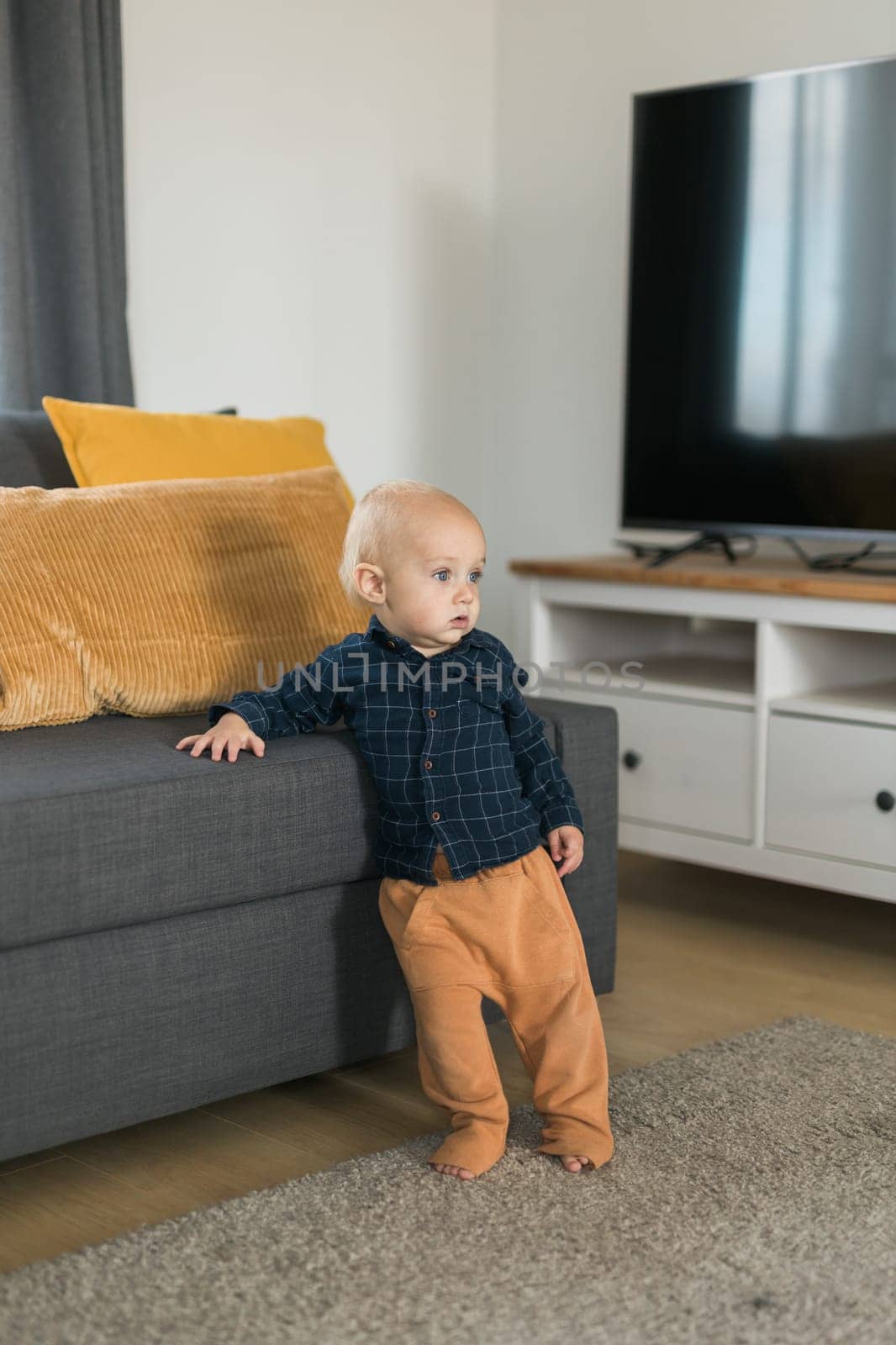 Toddler boy laughing having fun standing near sofa in living room at home. Adorable baby making first steps alone. Happy childhood and child care concept by Satura86