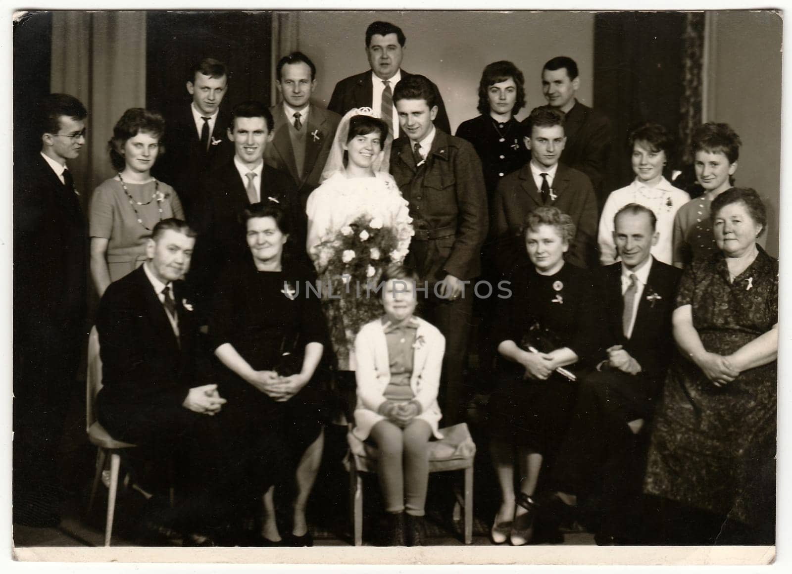 THE CZECHOSLOVAK SOCIALIST REPUBLIC - 1970s: Vintage photo shows newlyweds and wedding guests.