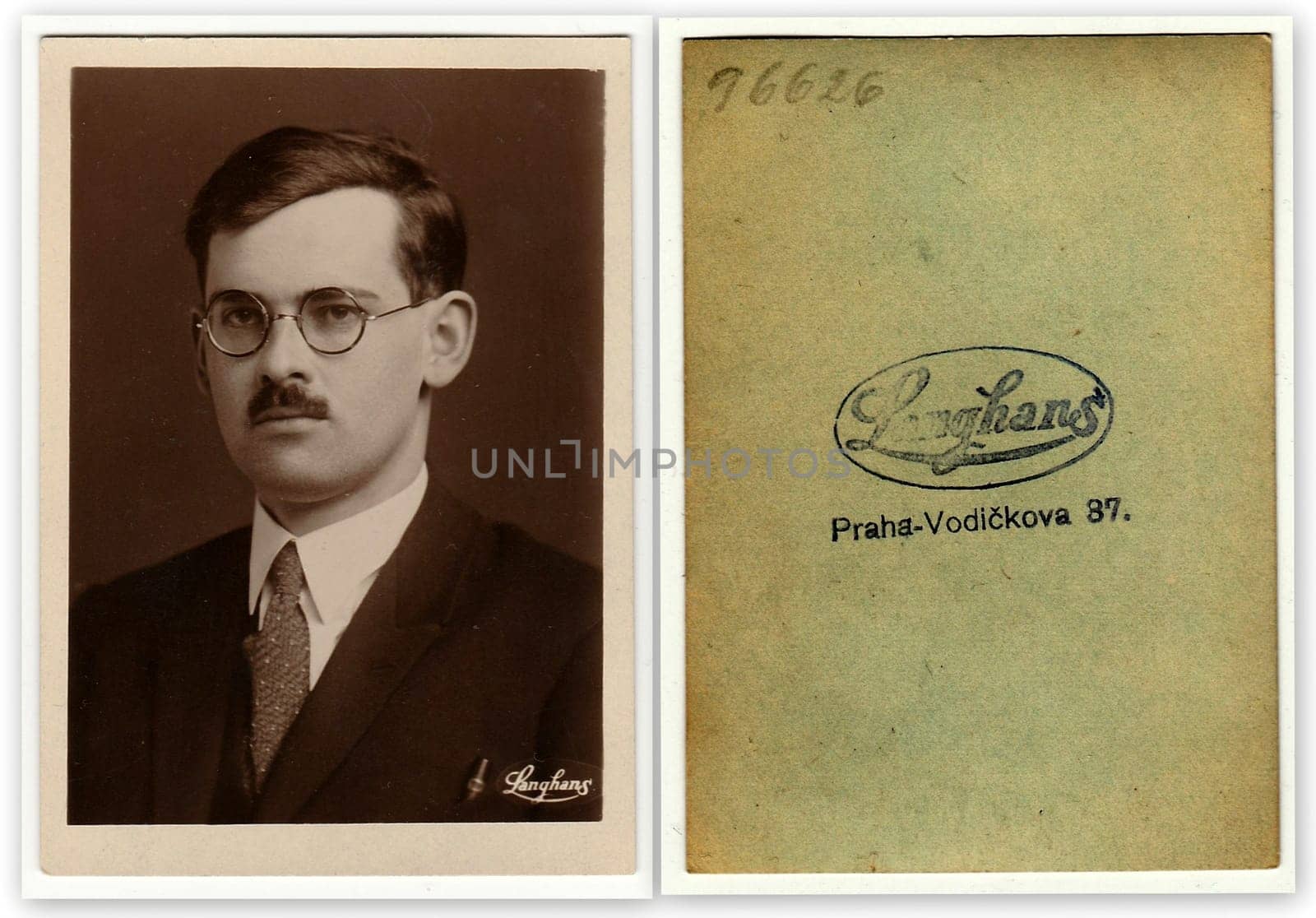 Front and back of vintage photo shows young man with glasses and moustache. Antique black white photo with sepia tint by roman_nerud