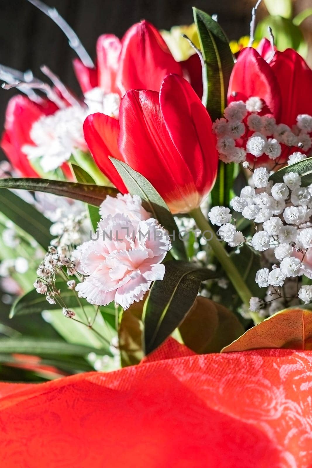 Close up of red tulips and white small flowers on light background with copy space.