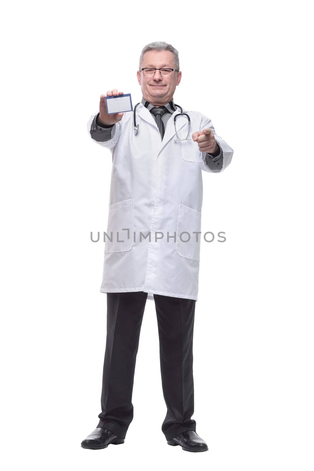 Friendly medical doctor with blank mediical ID's card .Isolated over white background