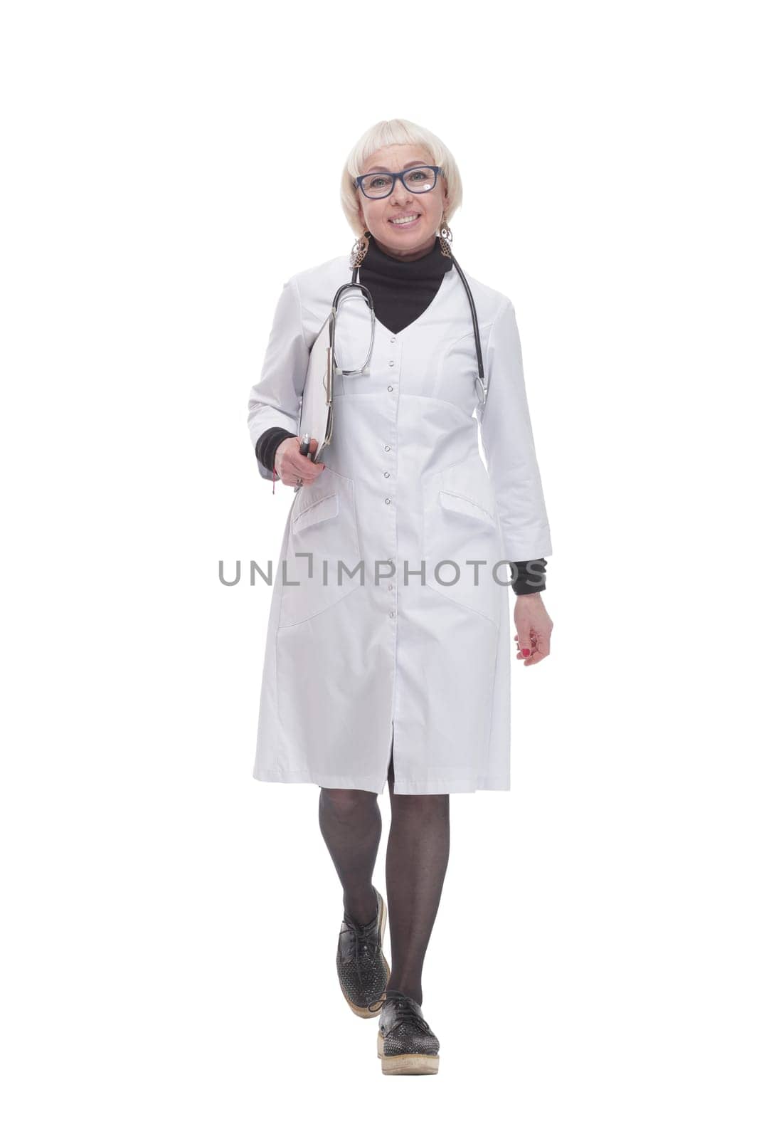 in full growth. female doctor with clipboard. isolated on a white background.