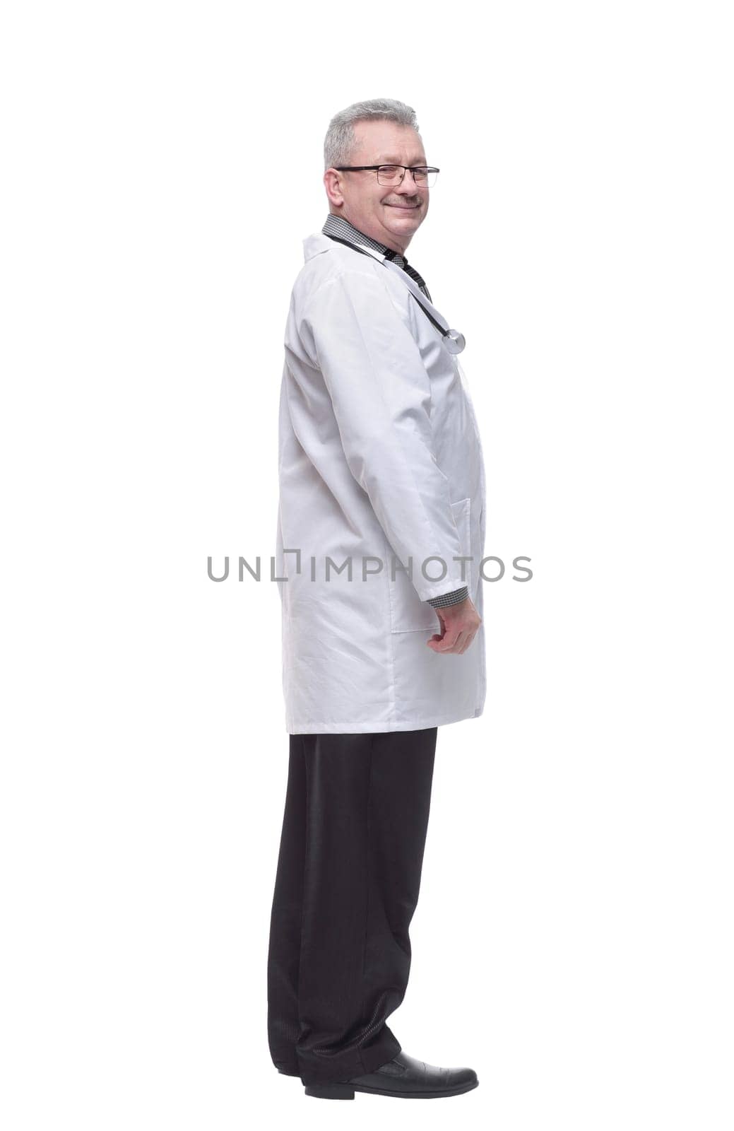 Rear view of medical doctor, man standing back wear doctors lab white coat isolated over white background