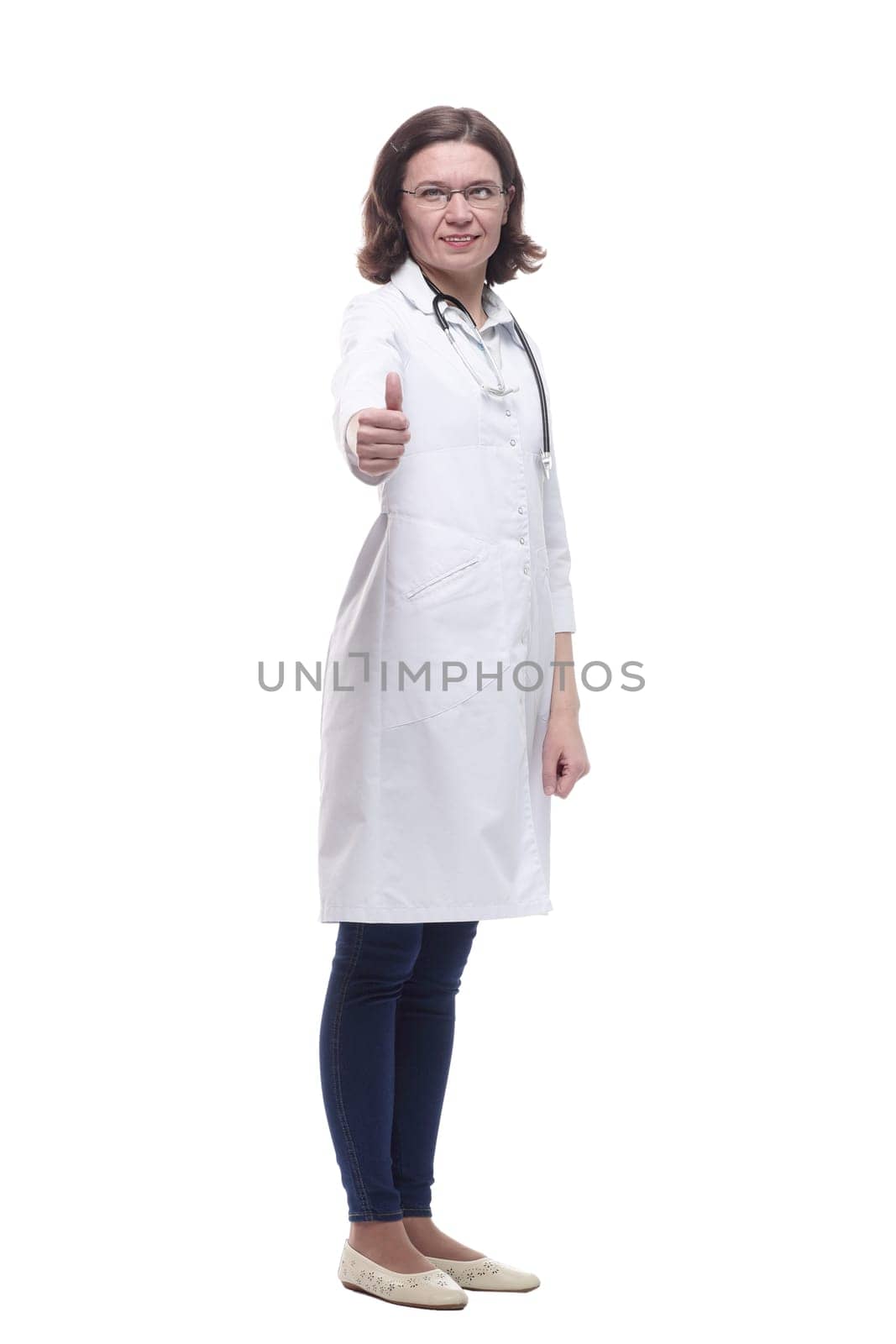 Mature female doctor with stethoscope. isolated on a white background.