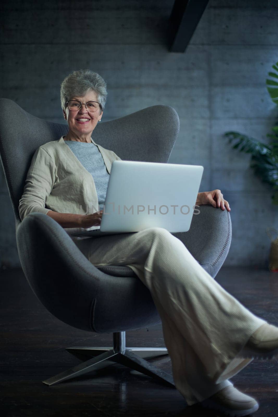 woman sitting in a chair in Art Nouveau style. Business, elegant businesswoman working on laptop . Interior, furniture.