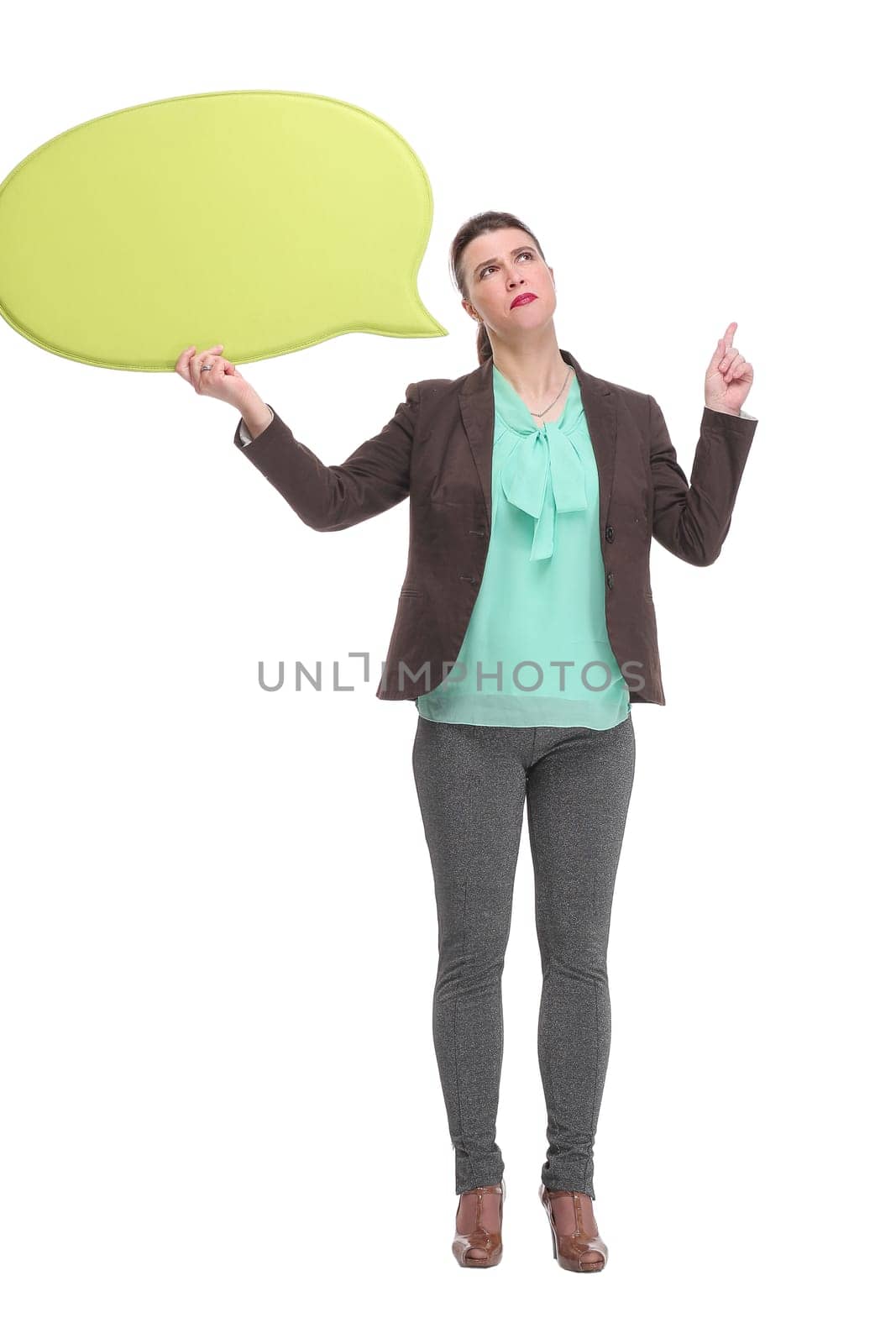 Portrait of attractive business woman thinking and looking up to blank bubble speech isolated on white