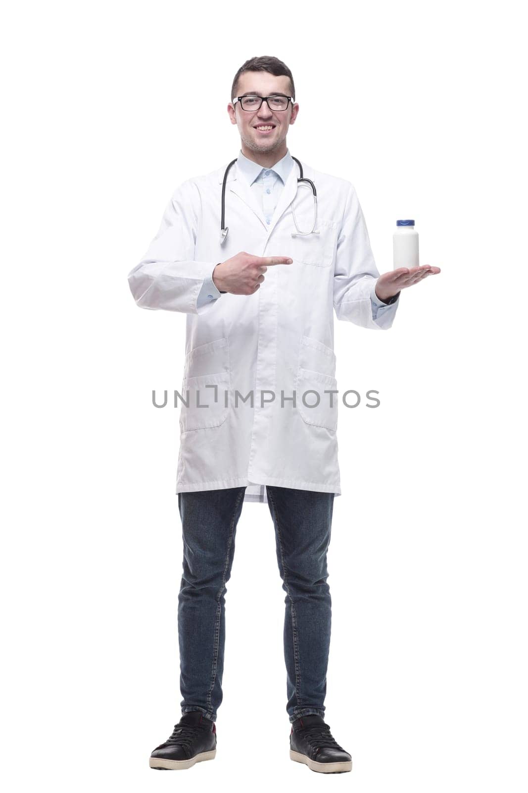 doctor with antiseptic in hand. isolated on a white background.
