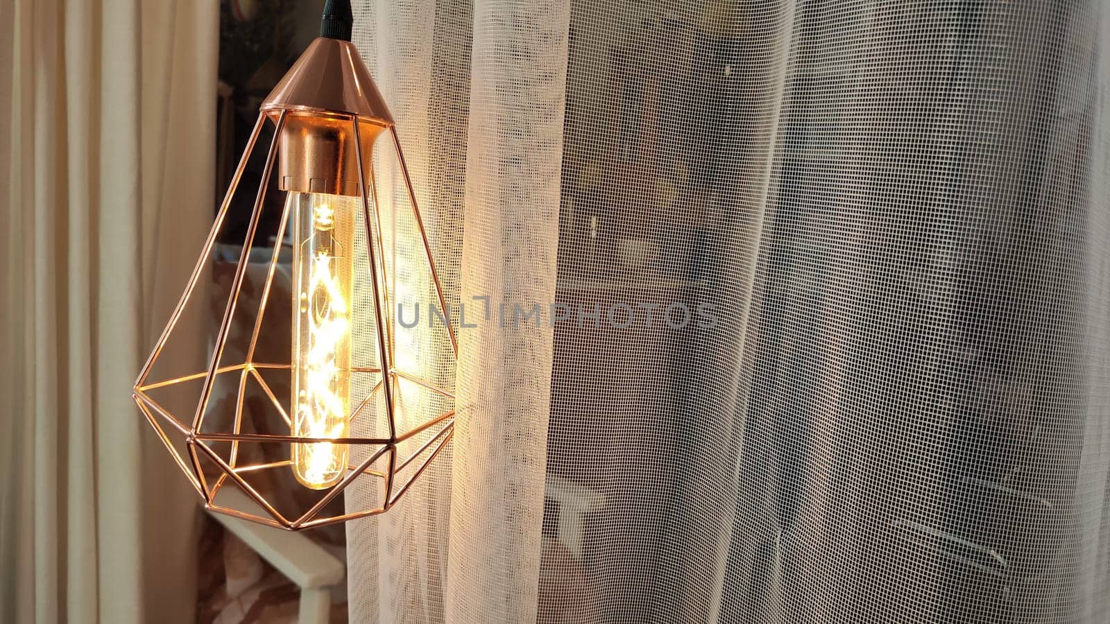 Metal geometric gold lamp chandelier lamp in loft style and curtains