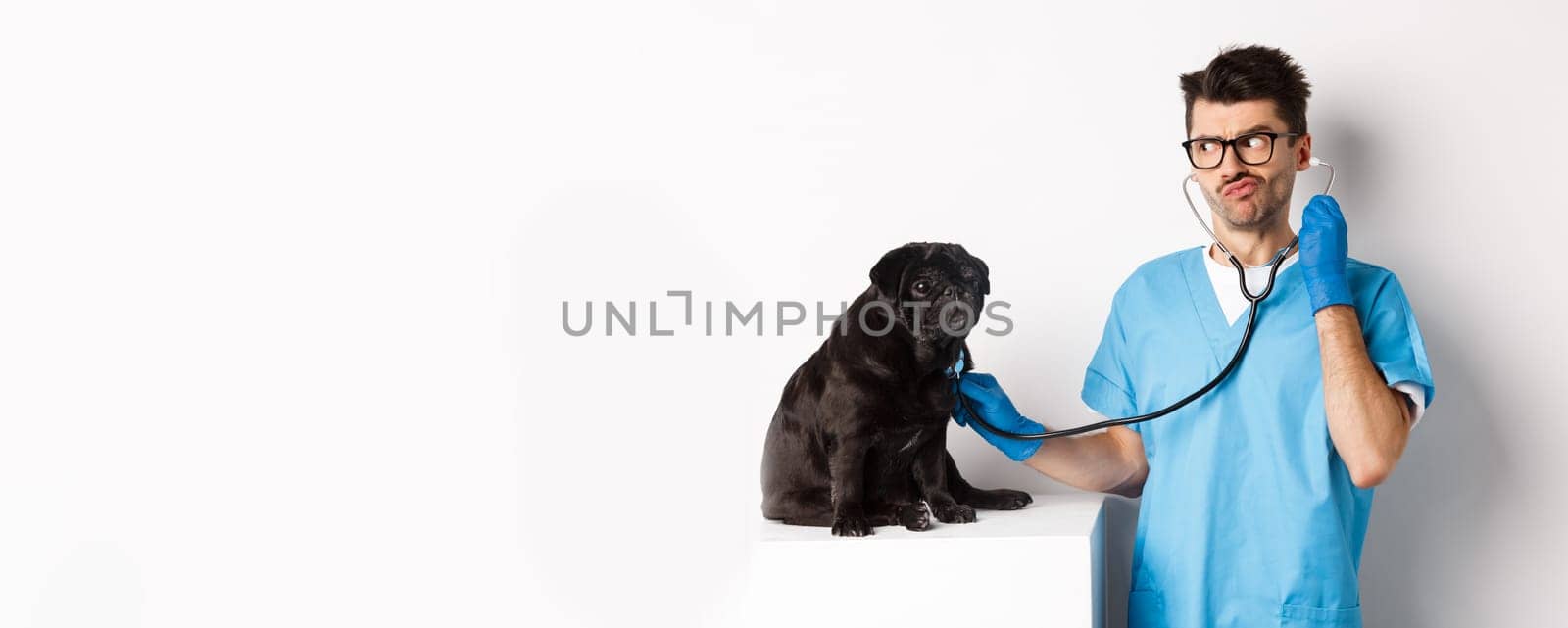 Confused male doctor veterinarian checking dog with stethoscope, looking puzzled, standing over white background.