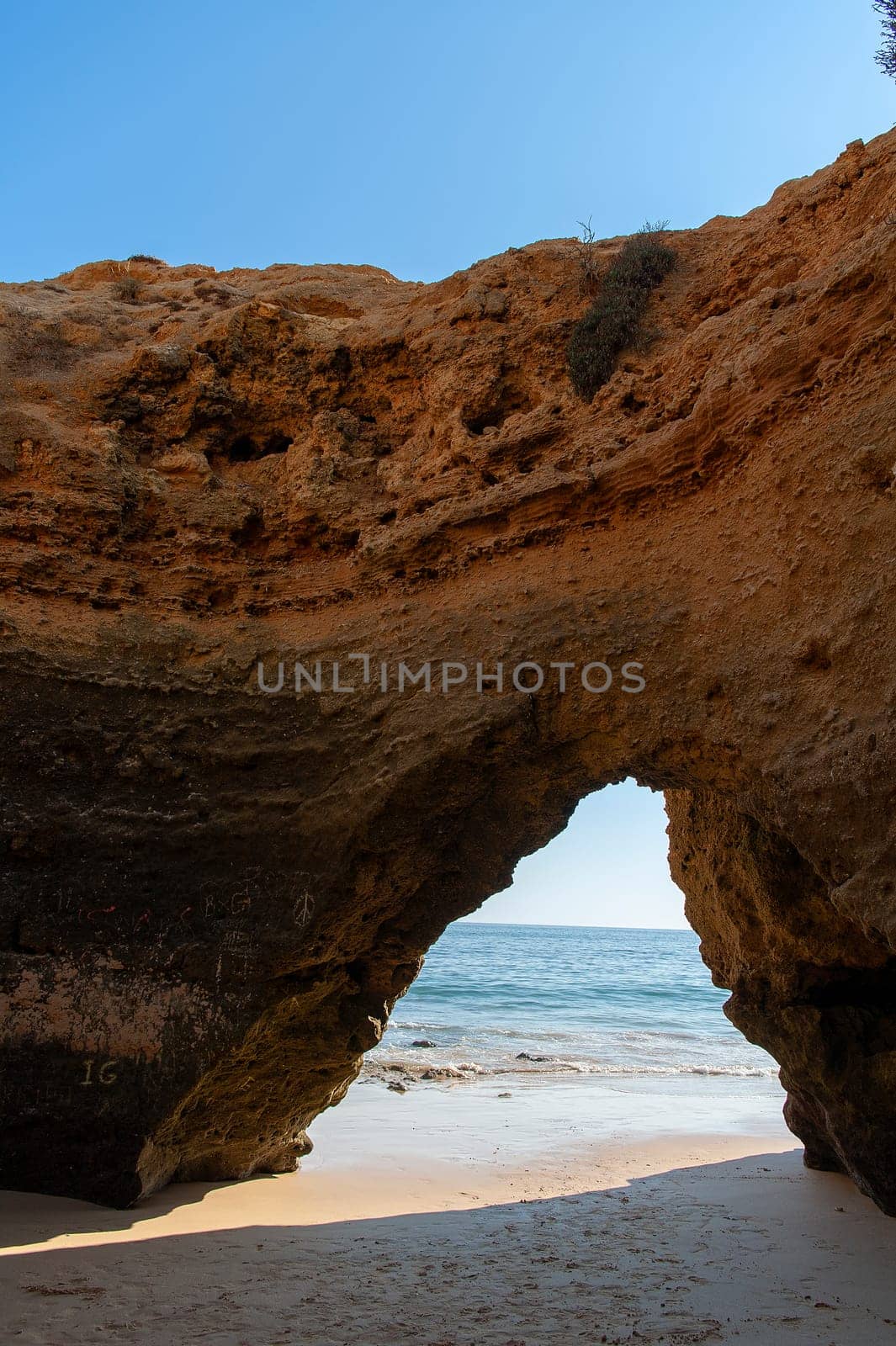 Maria Luisa beach with rock formation in Albufeira, Algarve, Portugal.