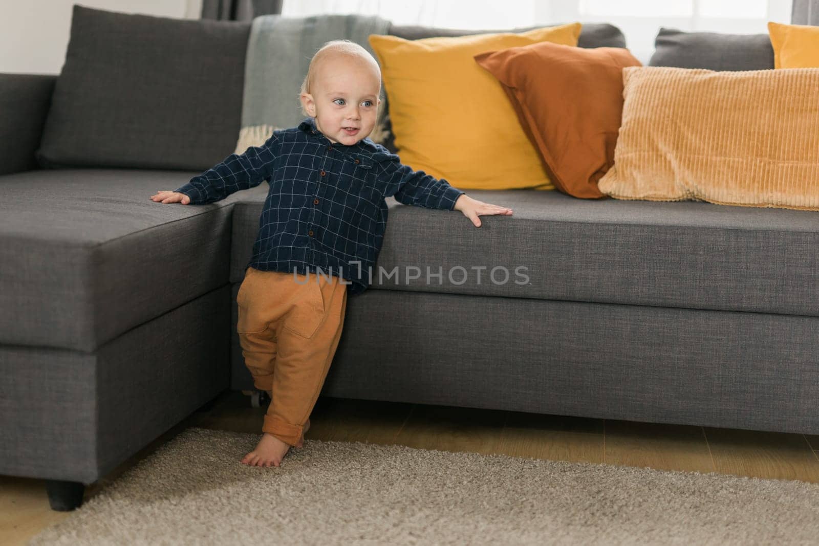 Toddler boy laughing having fun standing near sofa in living room at home. Adorable baby making first steps alone. Happy childhood and child care