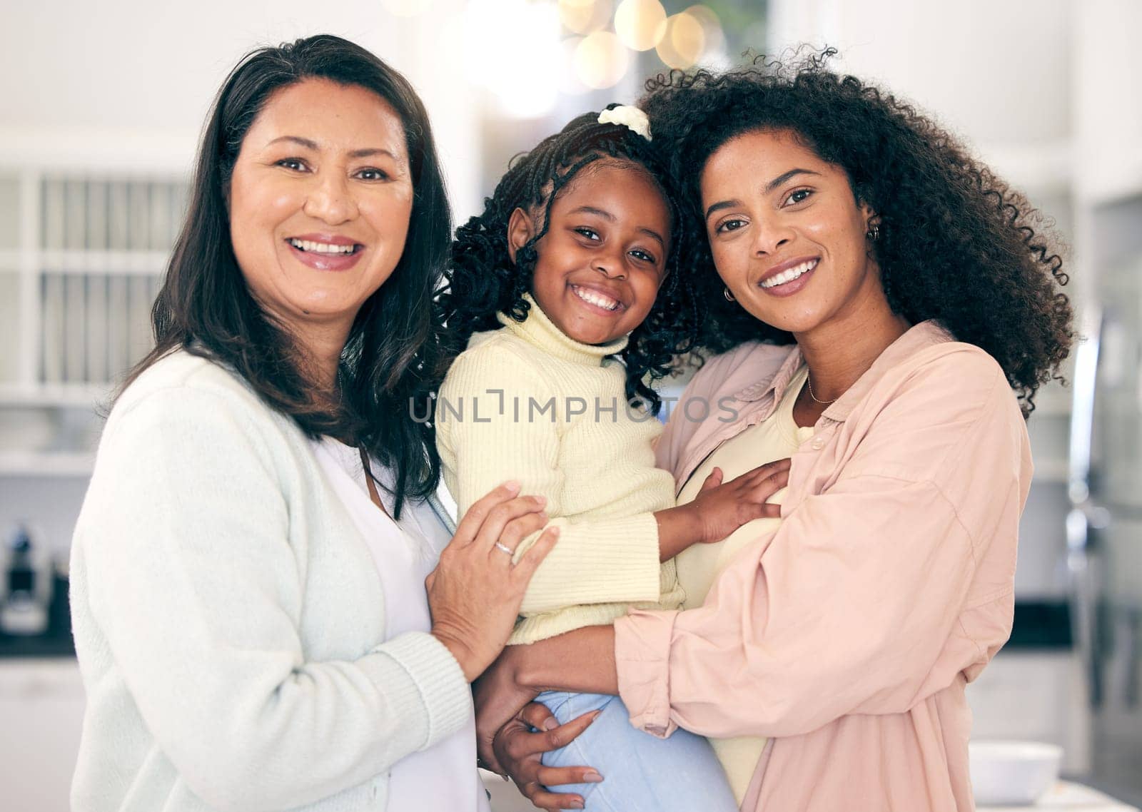 Portrait of lgbt family, women with child and love in multiracial relationship with happy adoption. Diversity, pride and mothers with girl, lesbian couple with smile, support and loving home together.