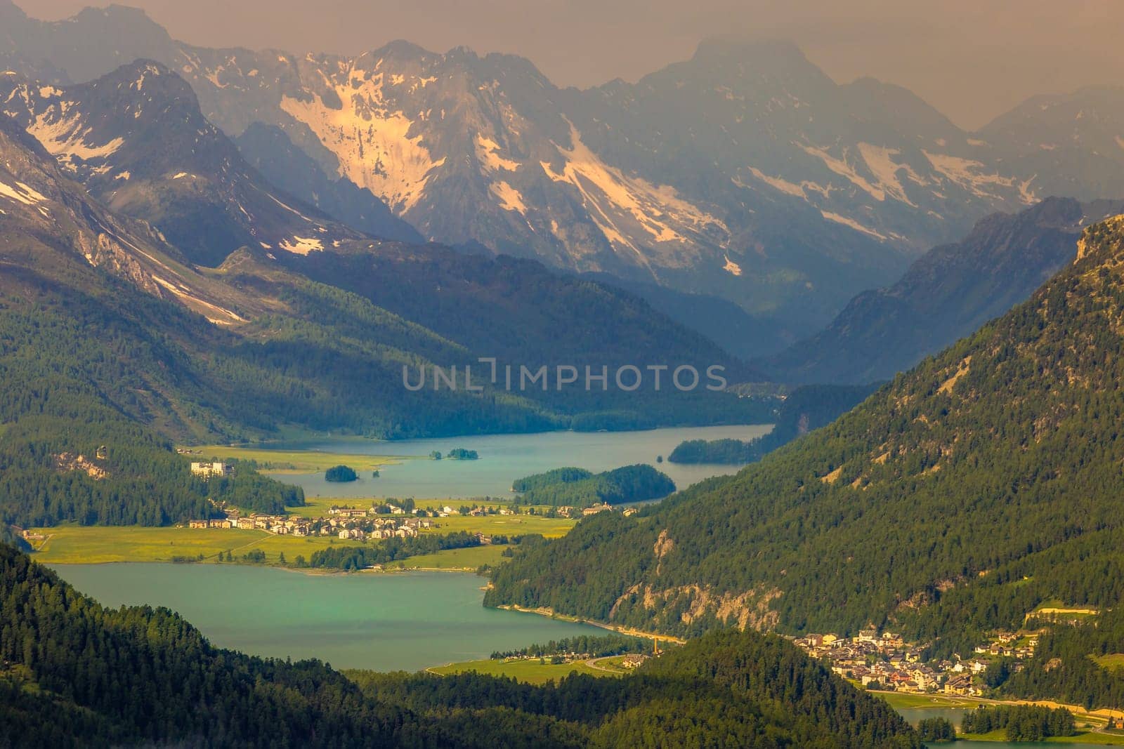 Dramatic Alpine landscape above St Moritz at sunset, Engadine, Muottas Muragl, Switzerland