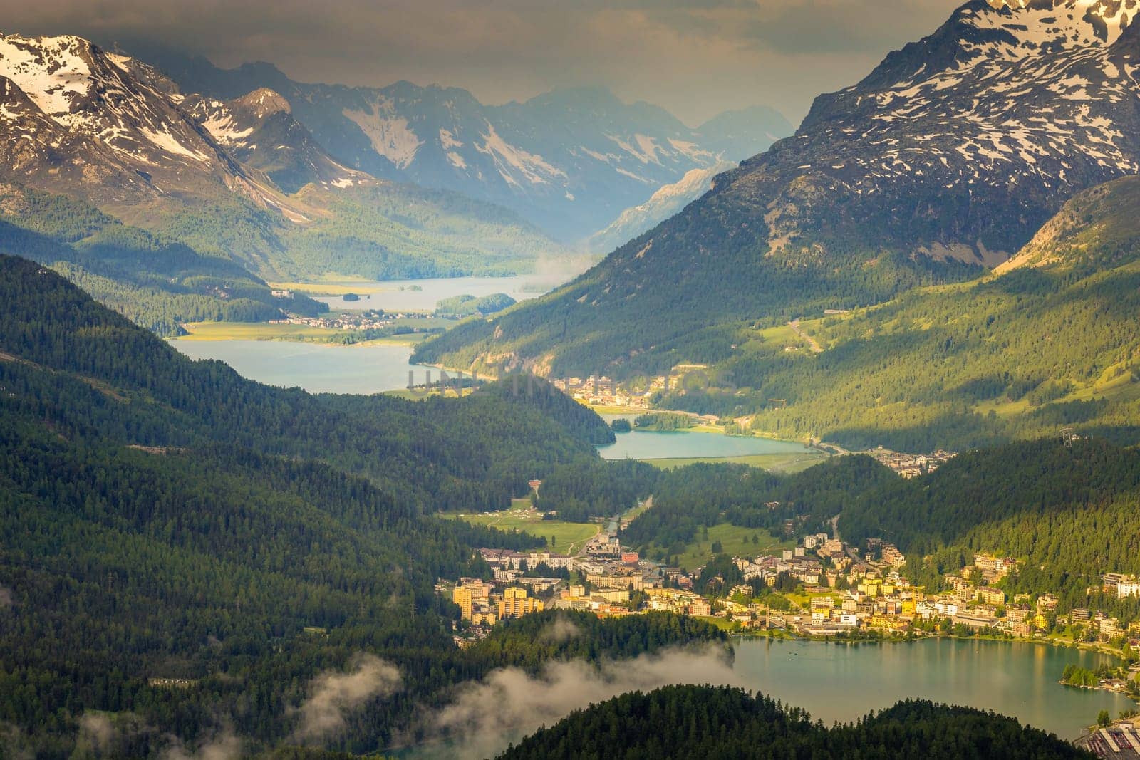 Dramatic Alpine landscape above St Moritz at sunset, Engadine, Muottas Muragl, Switzerland