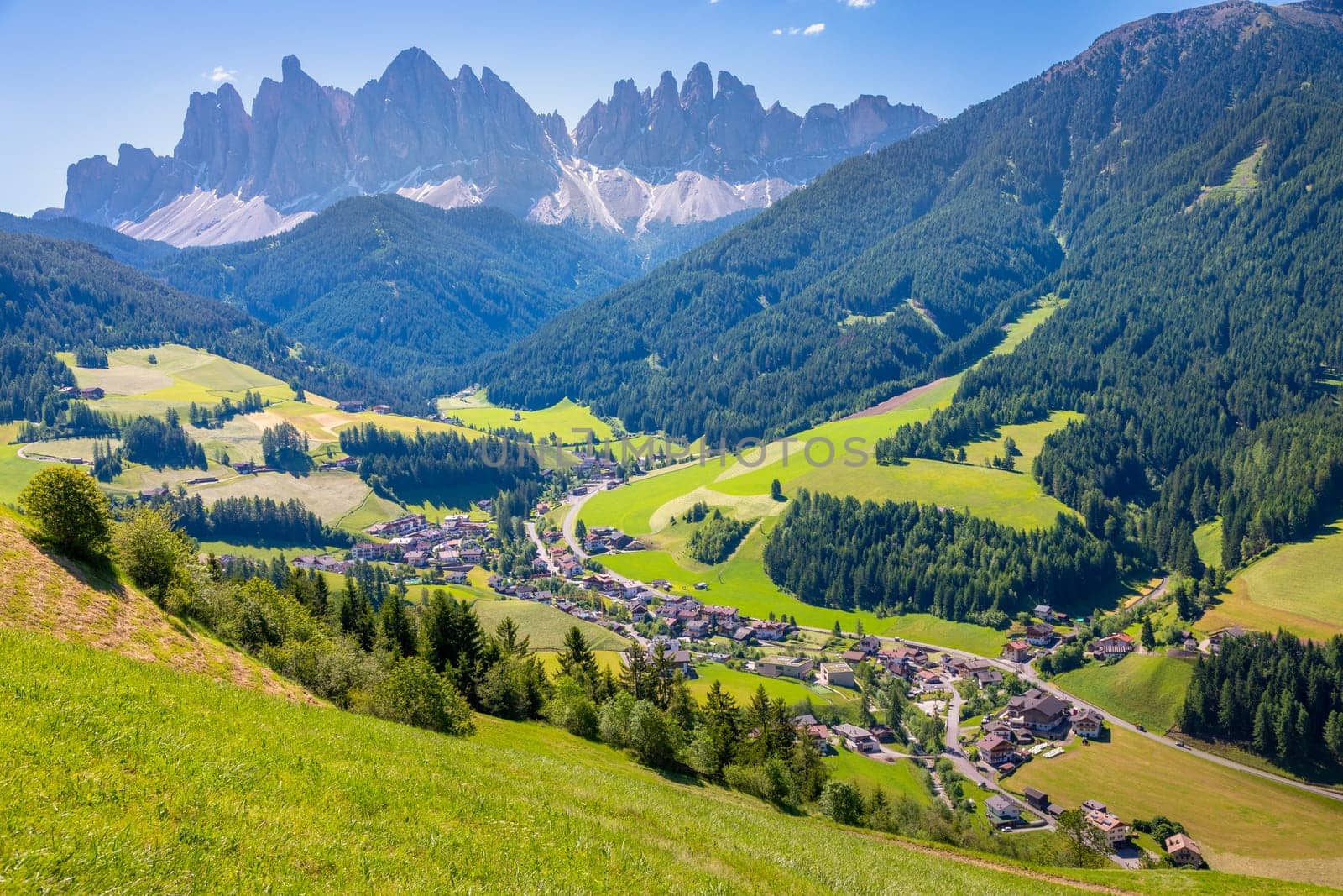 Santa Magdalena village in Val di Funes on the italian Dolomites at sunrise, Italy