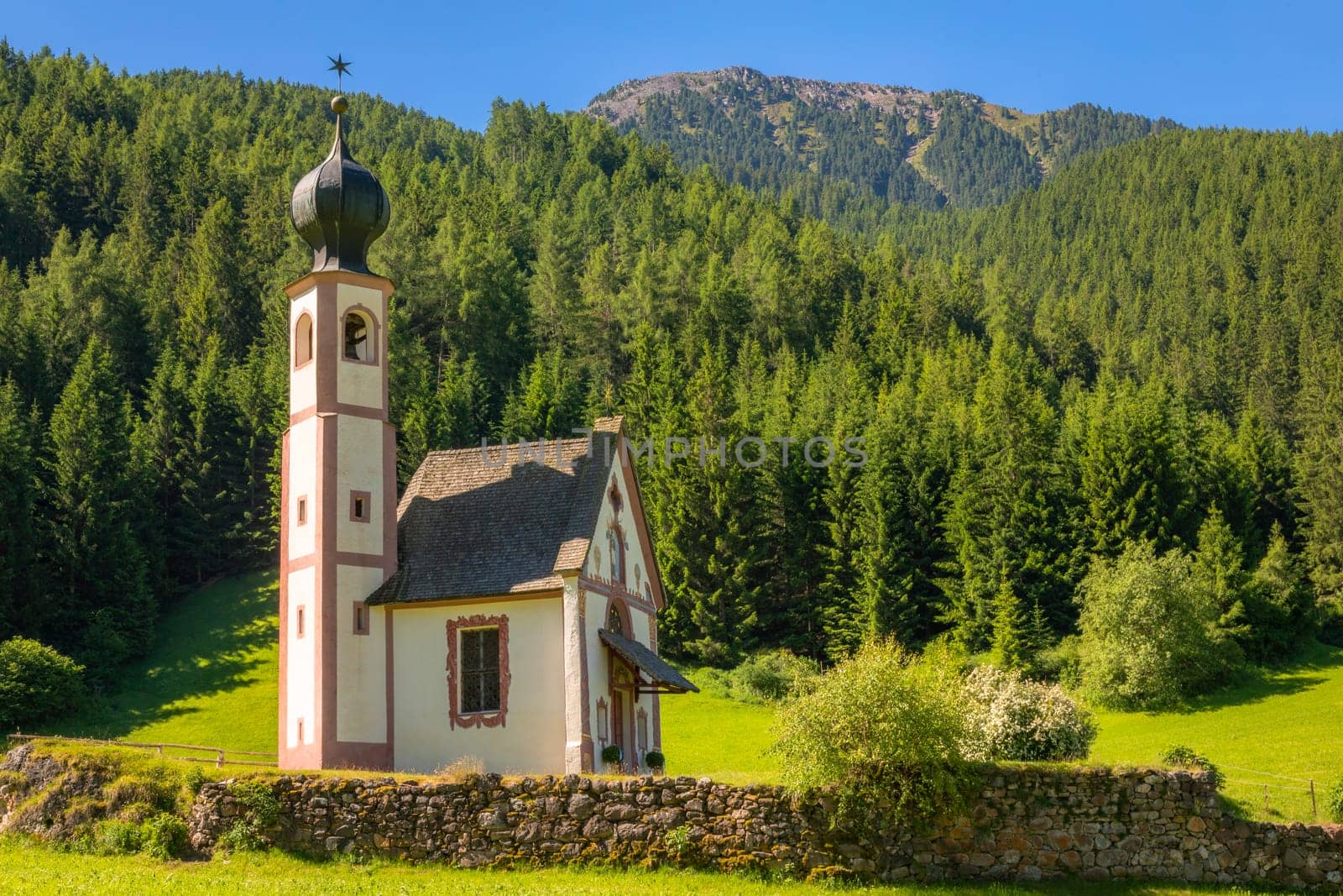 Santa Magdalena village in Val di Funes on the italian Dolomites at sunrise, Italy
