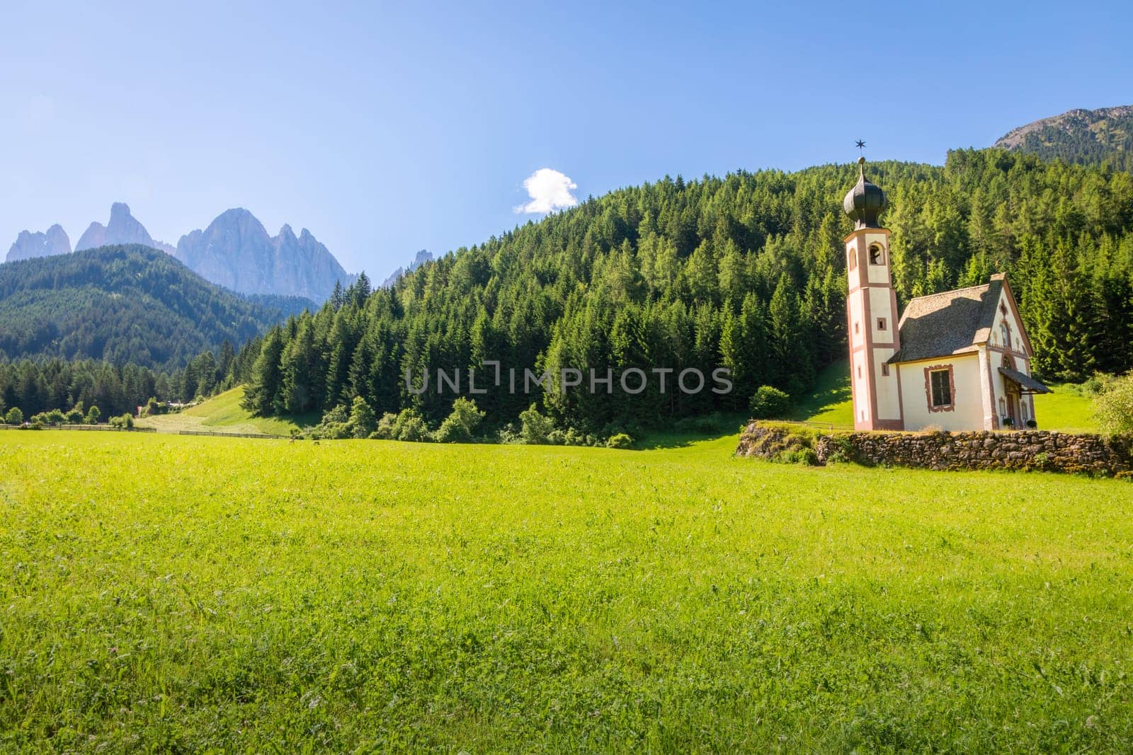 Santa Magdalena village in Val di Funes on the italian Dolomites at sunrise, Italy