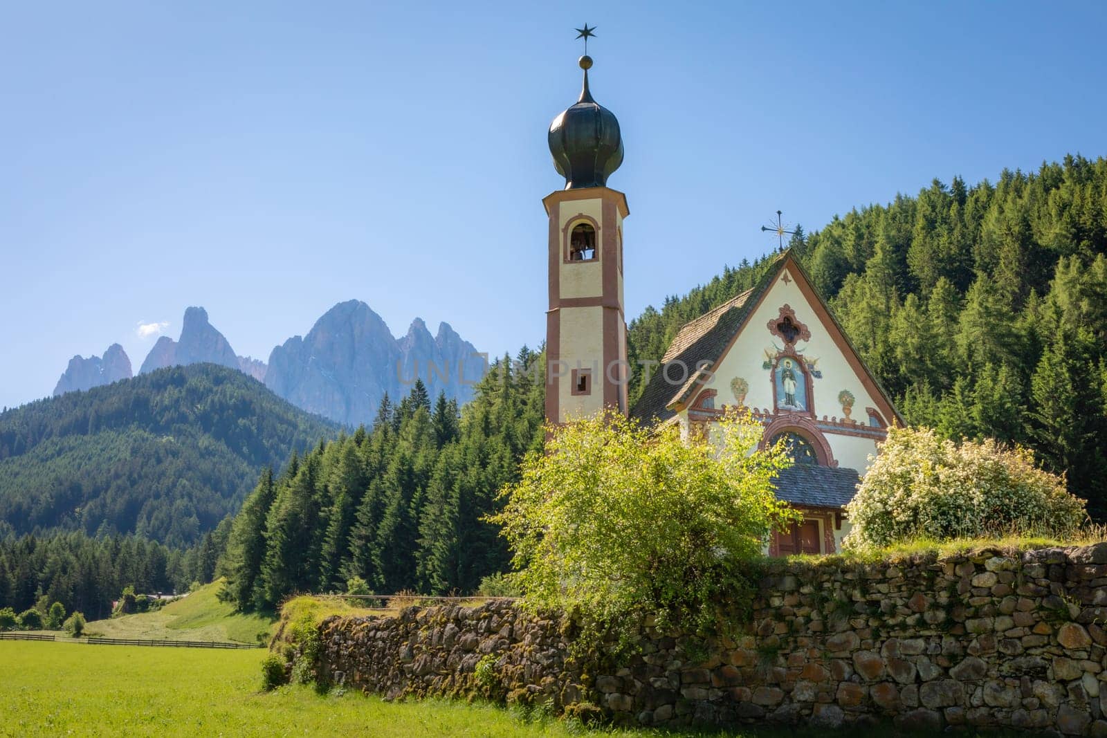 Santa Magdalena village in Val di Funes on the italian Dolomites at sunrise, Italy