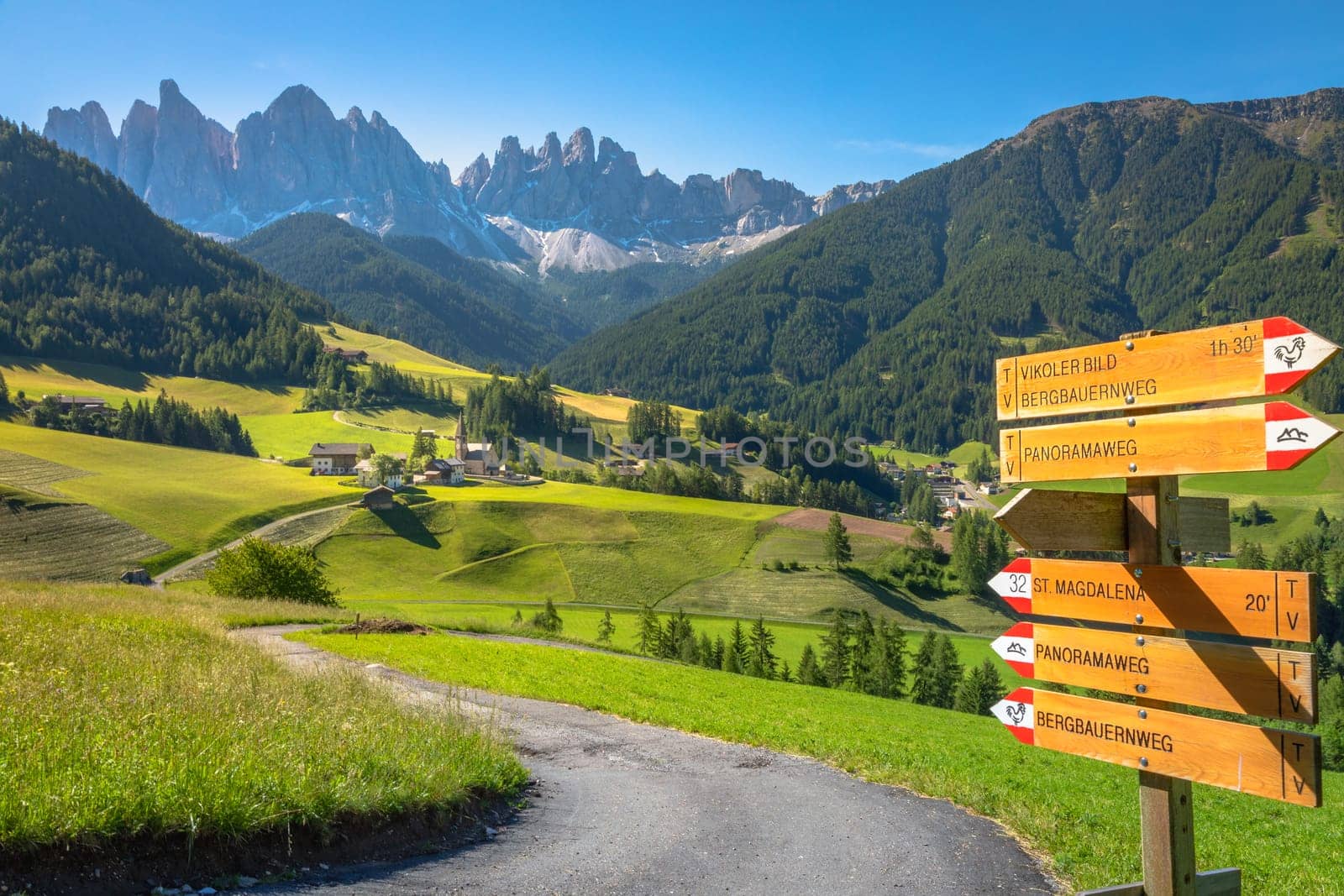 Santa Magdalena village in Val di Funes on the italian Dolomites at sunrise, Italy