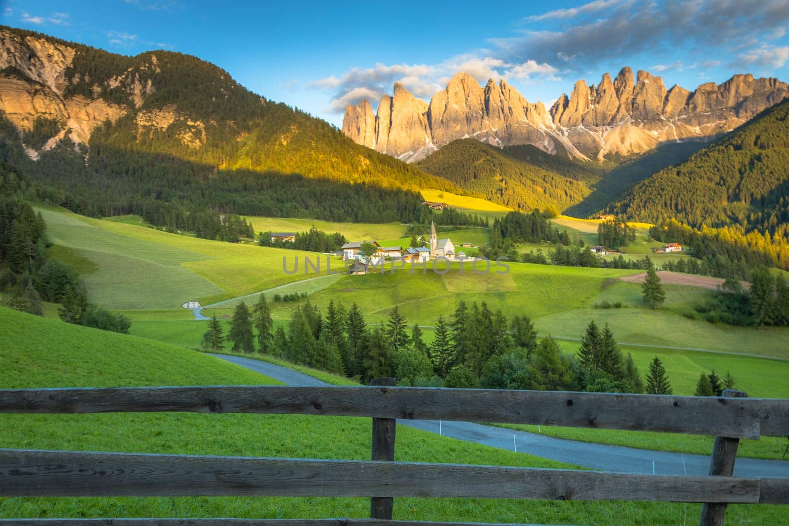 Santa Magdalena village in Val di Funes on the italian Dolomites at sunset, Italy