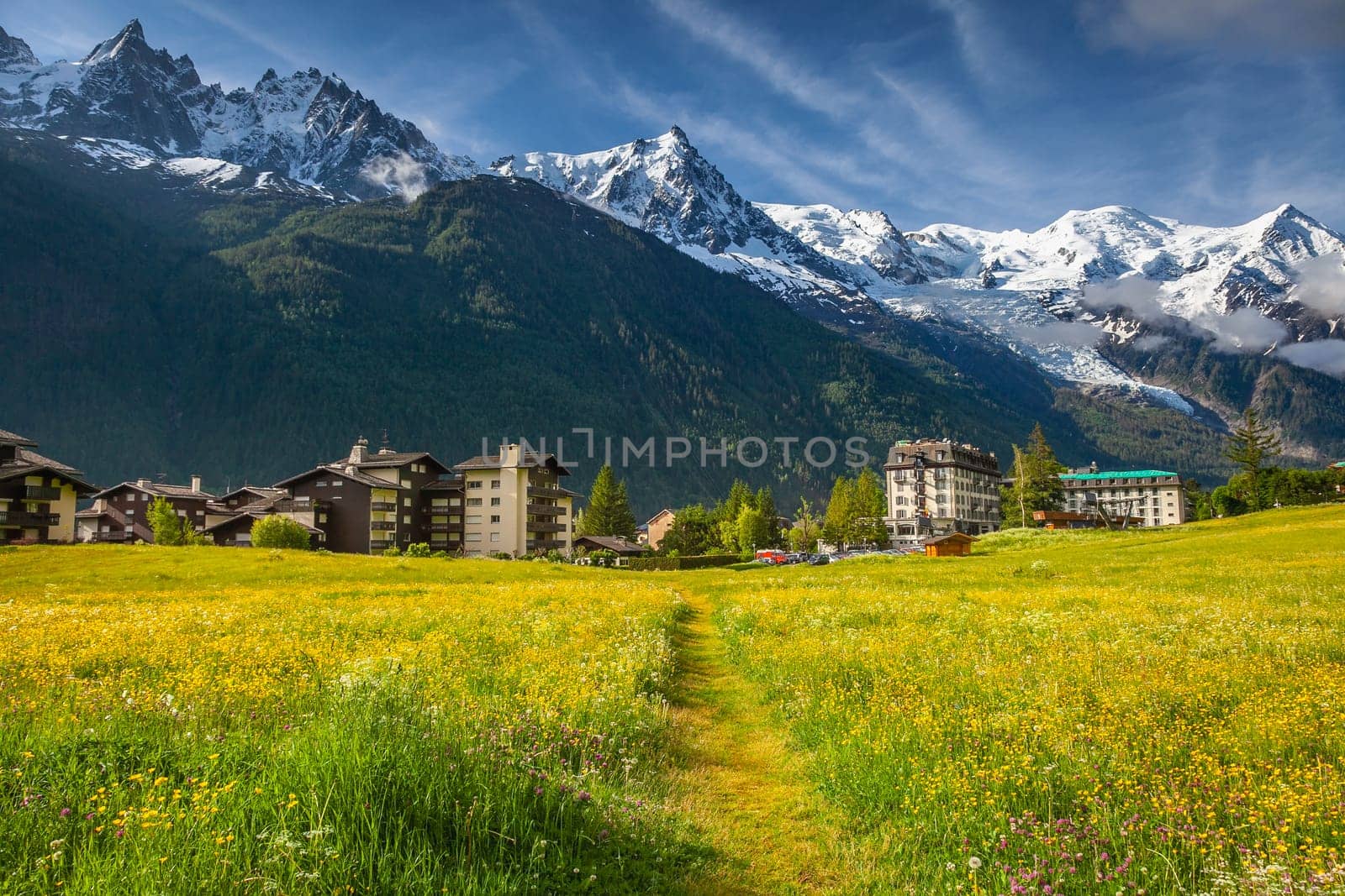 Chamonix village and Mont Blanc Massif in Haute Savoie, French Alps, France