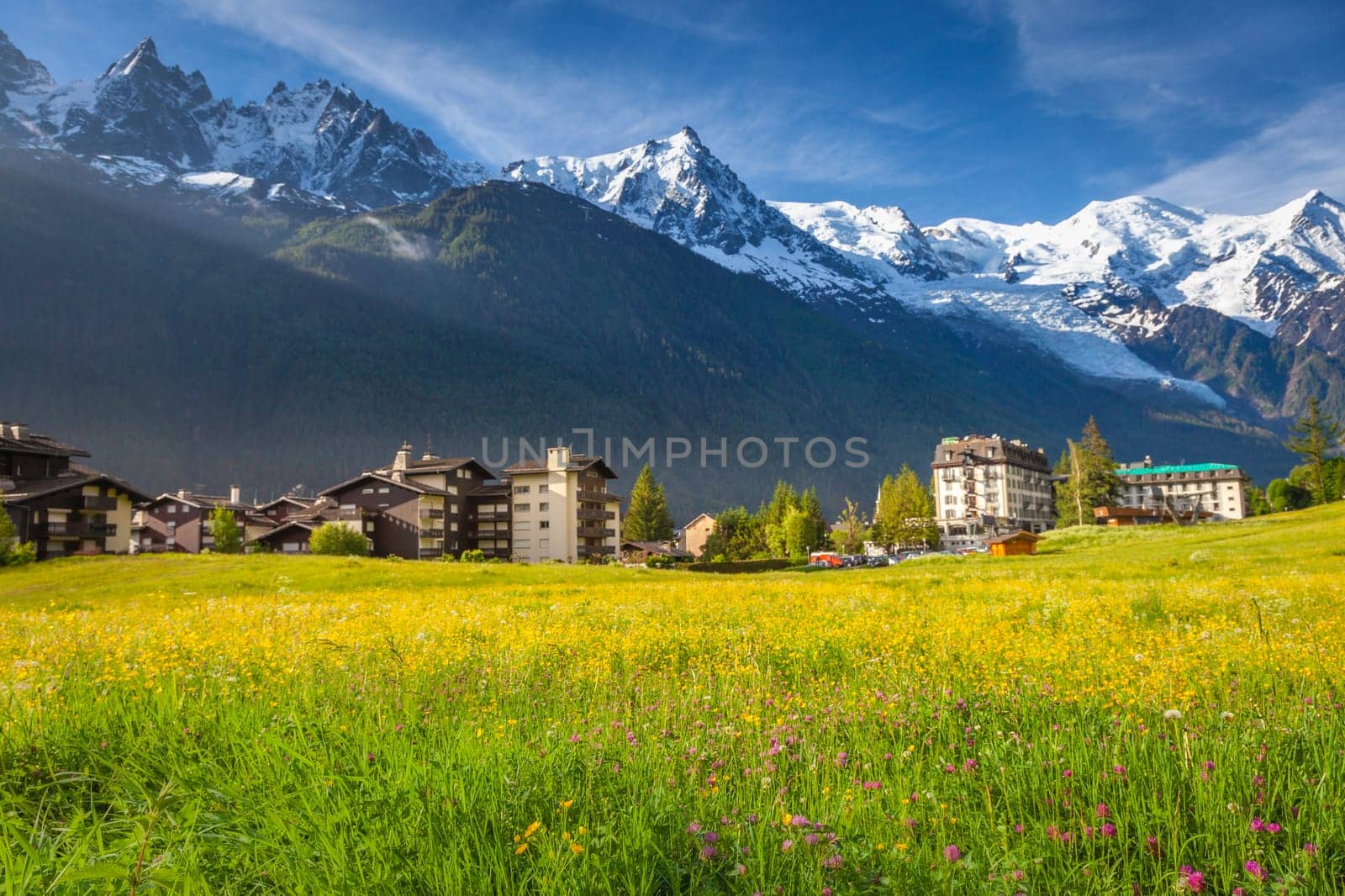 Chamonix village and Mont Blanc Massif in Haute Savoie, French Alps, France