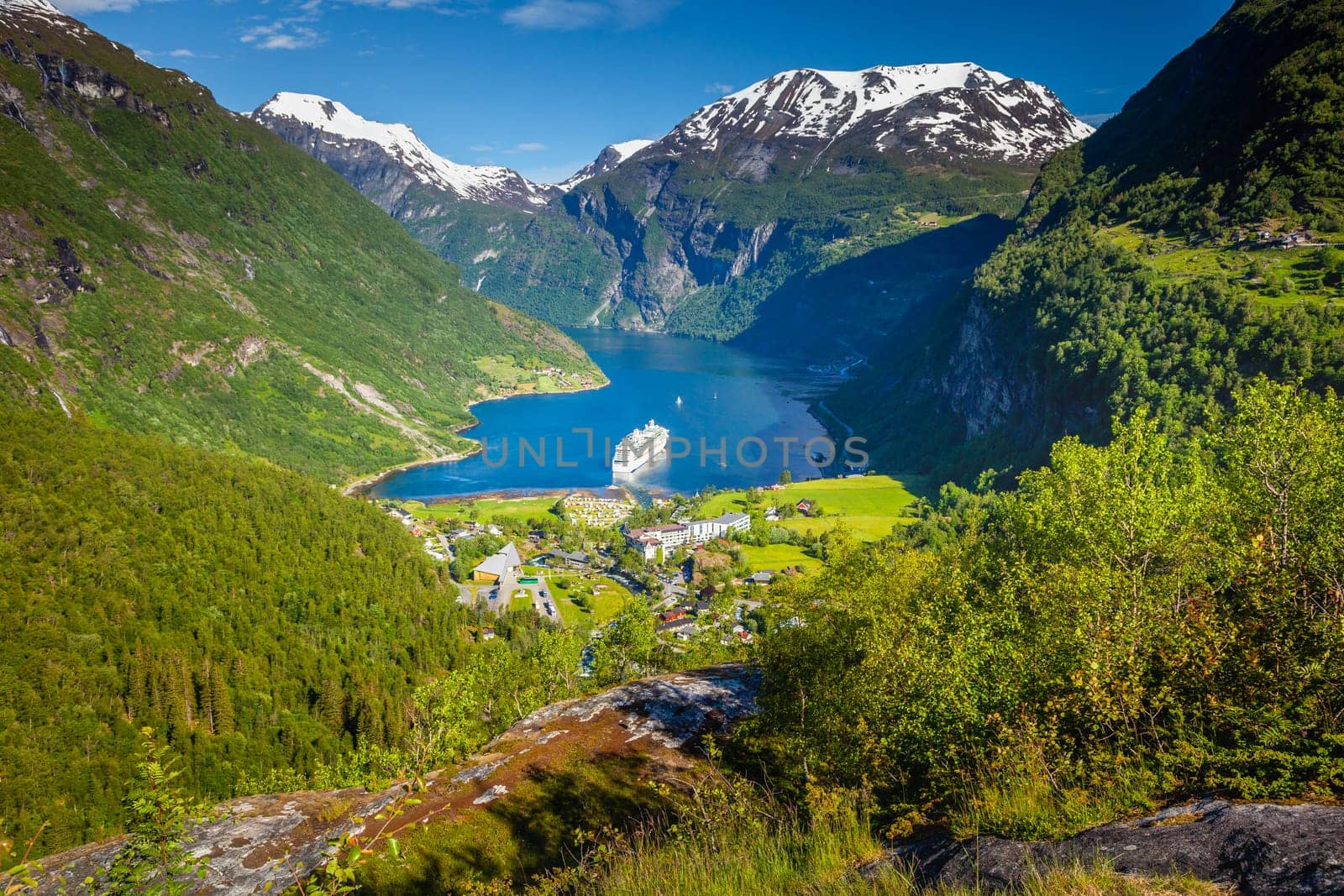 Idyllic Geiranger fjord and village at sunset, Norway, Scaninavia, Northern Europe