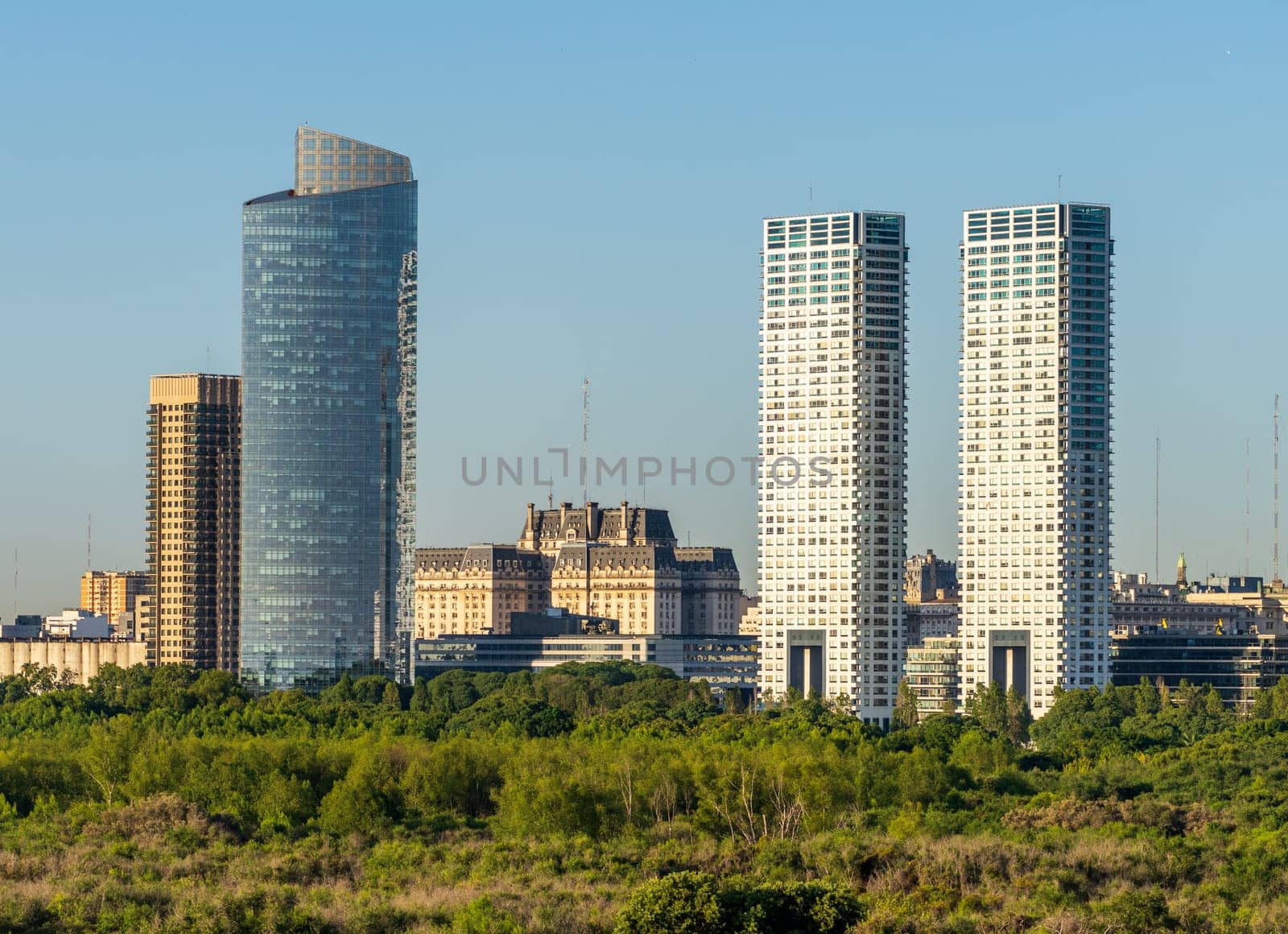 Large modern apartment buildings of Puerto Madero by the shoreline in Buenos Aires Argentina