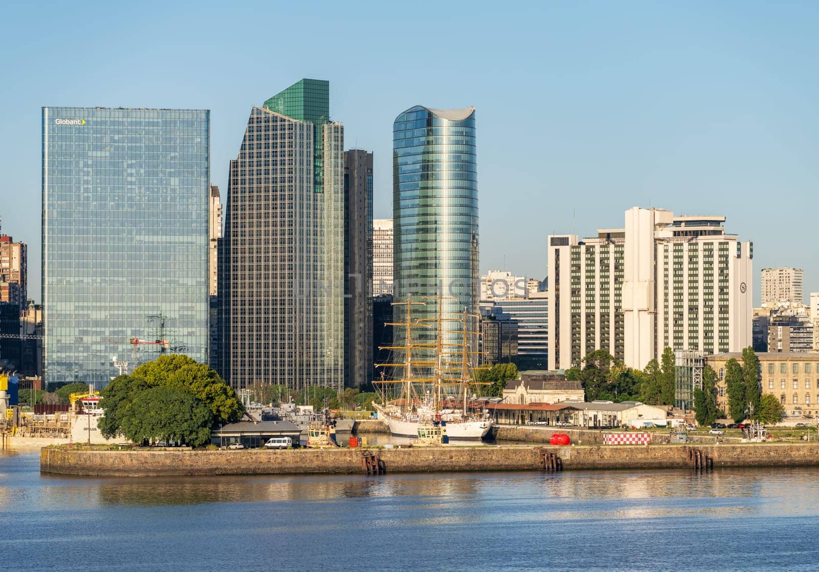 Buenos Aires, Argentina - 6 February 2023: Panorama of the financial district and city skyline with the harbor
