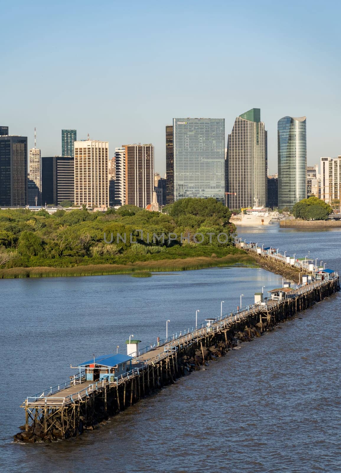 Buenos Aires, Argentina - 6 February 2023: Downtown city skyline with pier at the entrance to the port