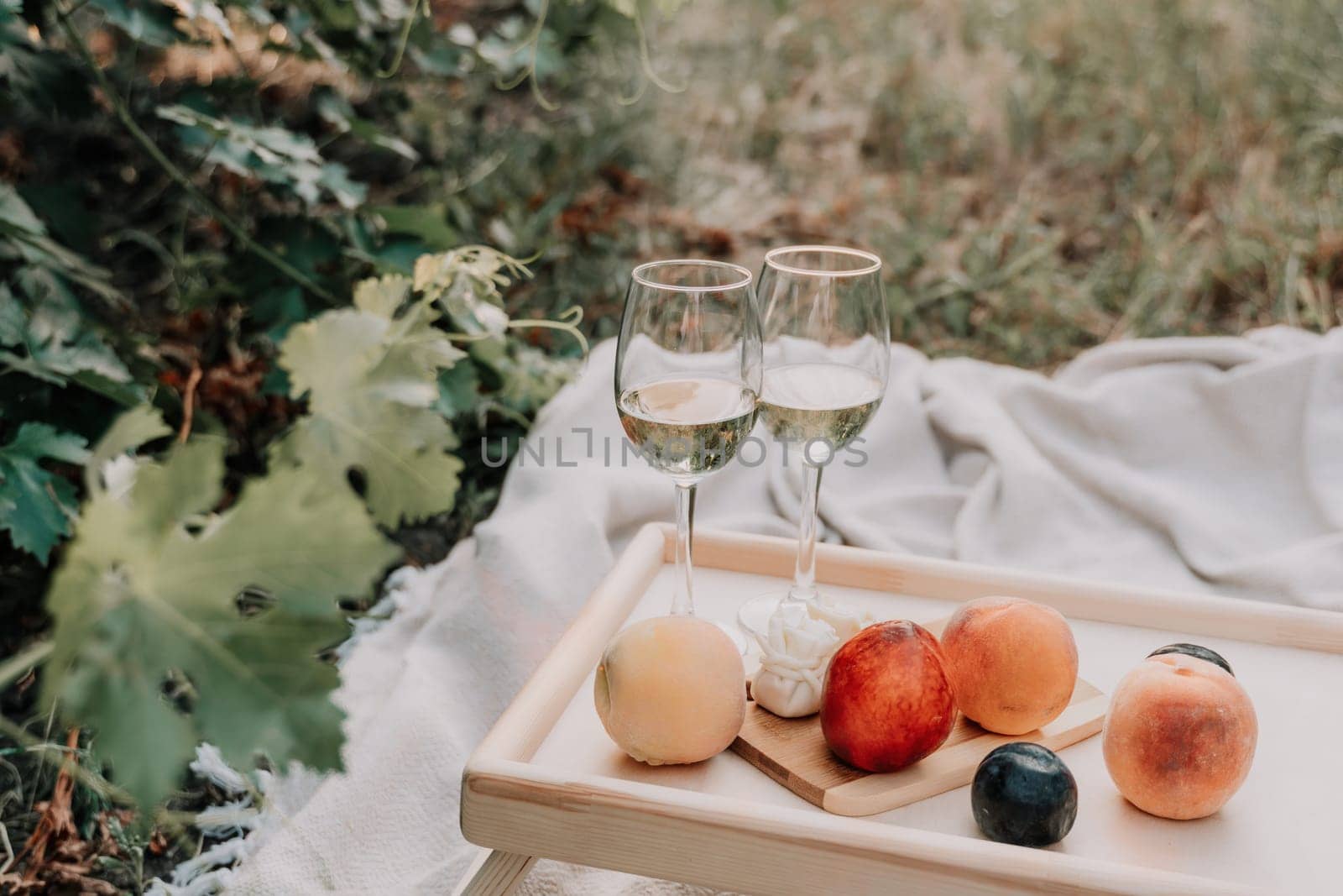 Picnic and wine tasting at sunset in the hills of Italy, Tuscany. Vineyards and open nature in the summer. Romantic dinner, fruit and wine.