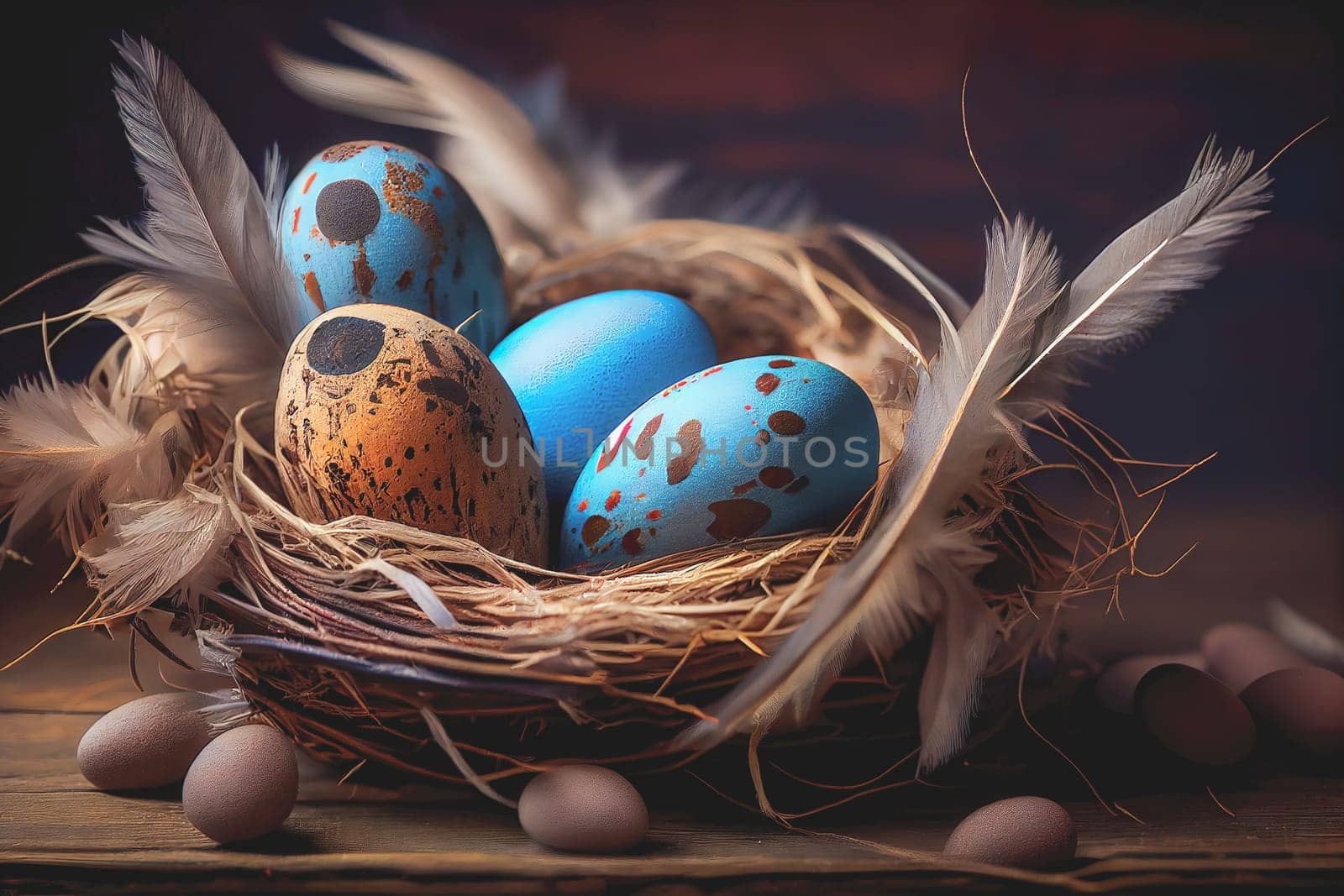 Easter eggs banner background. Feathers in a nest on a blue wooden background with a copy of the place for the text.