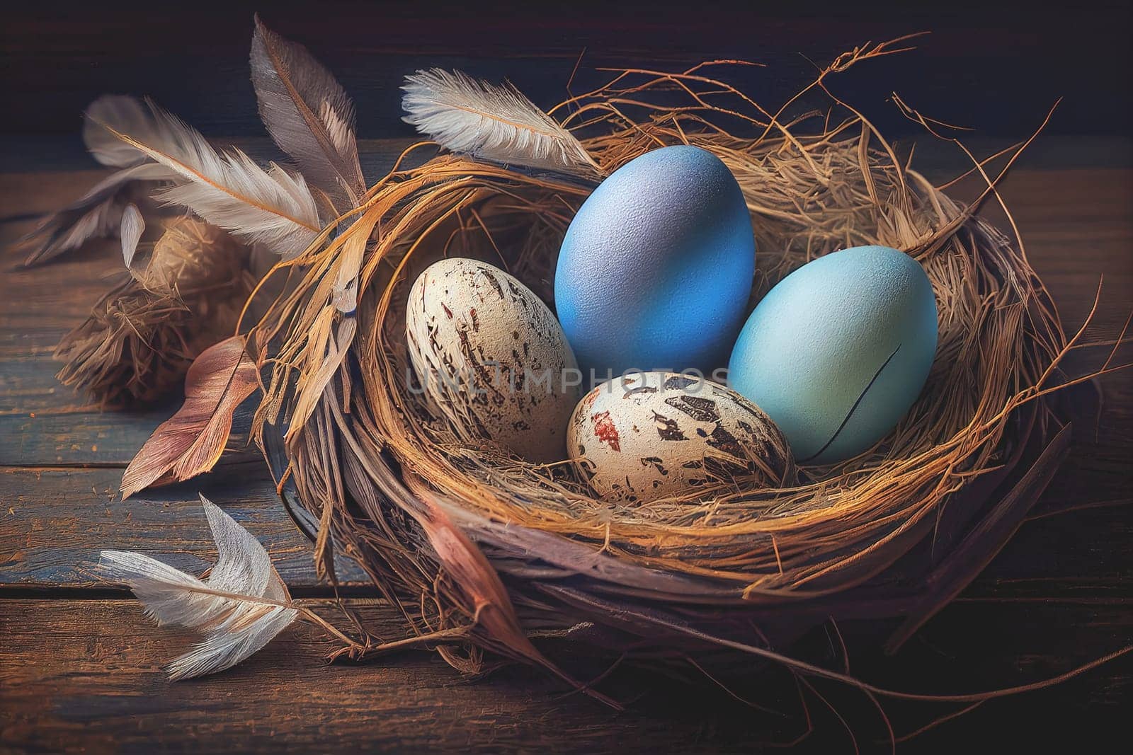 Easter eggs banner background. Feathers in a nest on a blue wooden background with a copy of the place for the text.