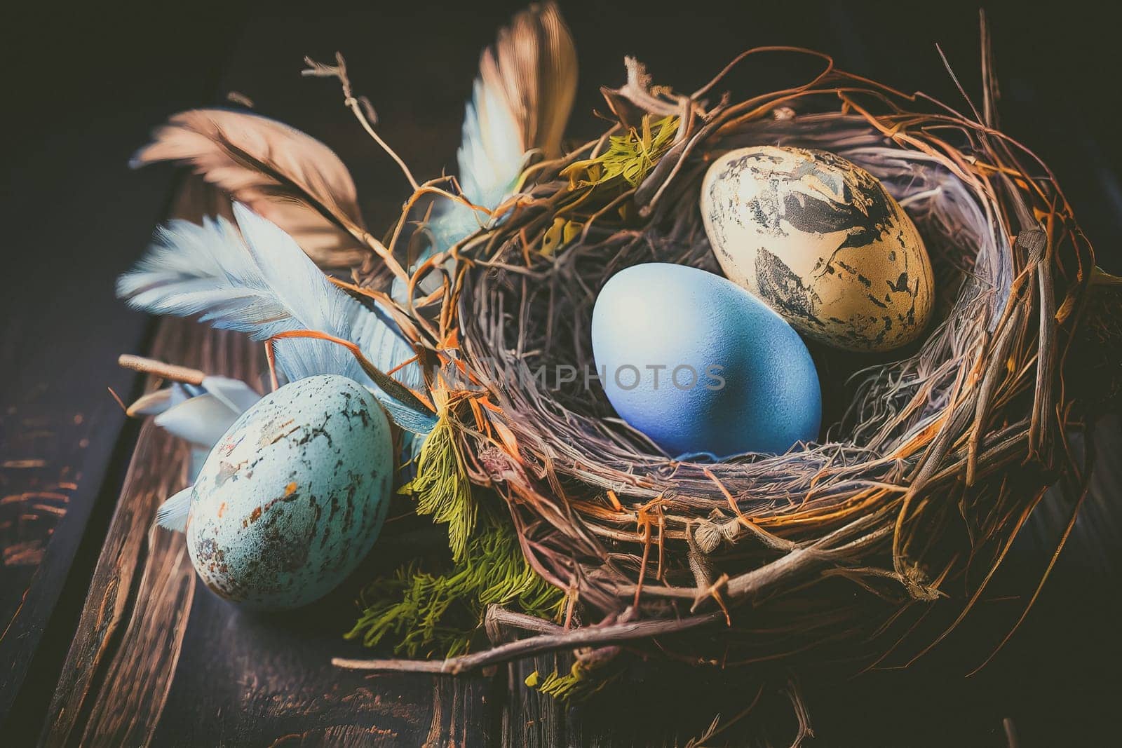 Easter eggs banner background. Feathers in a nest on a blue wooden background with a copy of the place for the text.