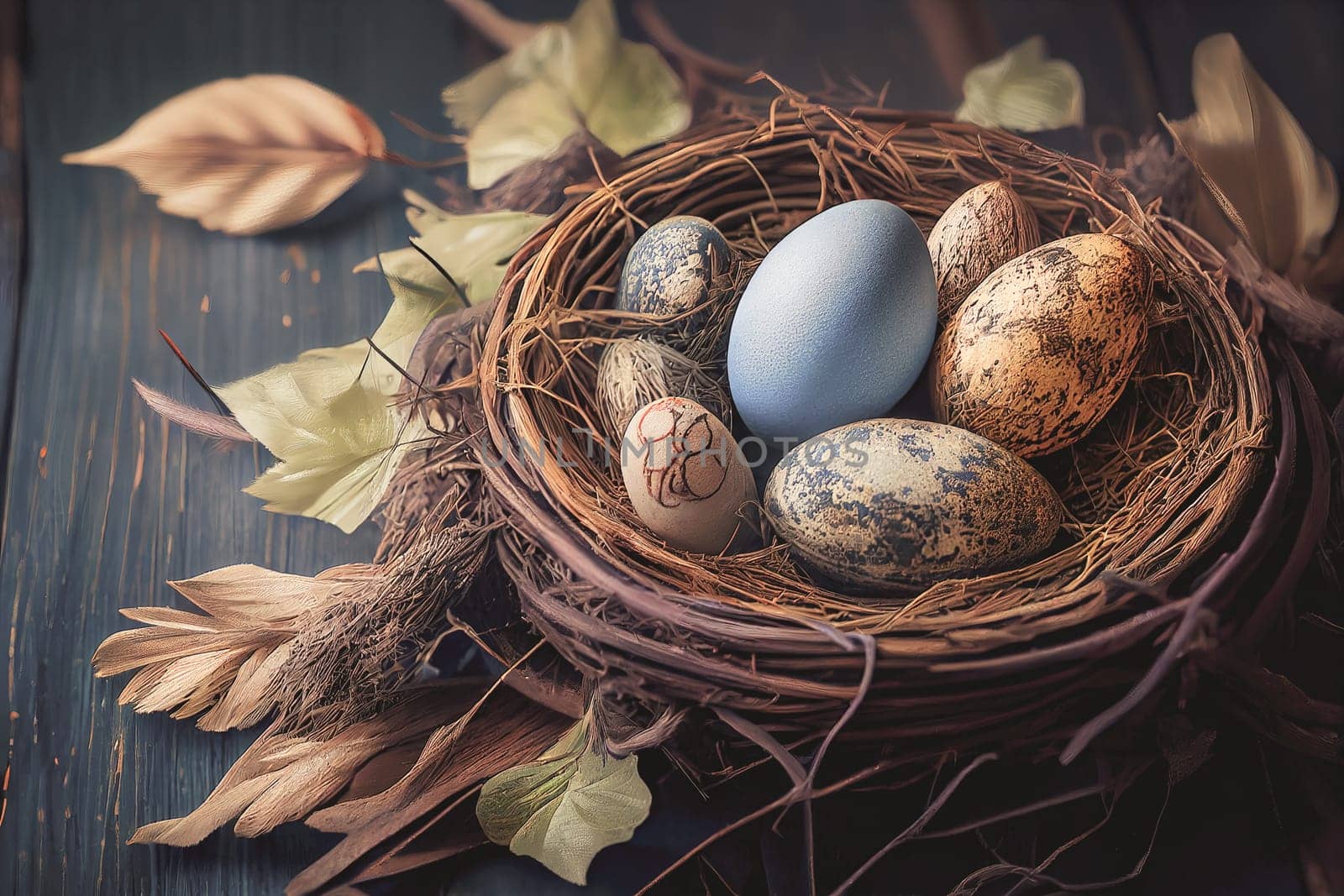 Easter eggs banner background. Feathers in a nest on a blue wooden background with a copy of the place for the text.