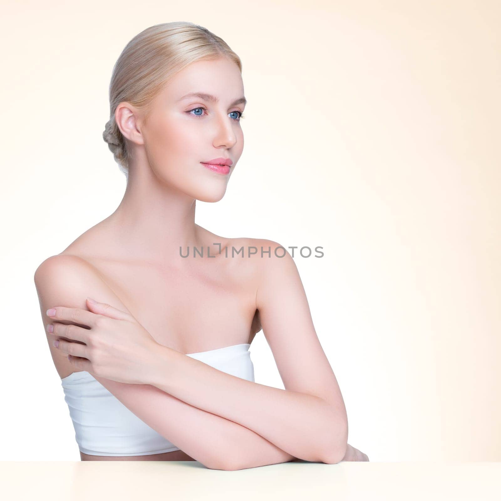 Personable beautiful woman portrait with perfect smooth clean skin and natural makeup portrait in isolated background. Hand gesture with expressive facial expression for beauty model concept.