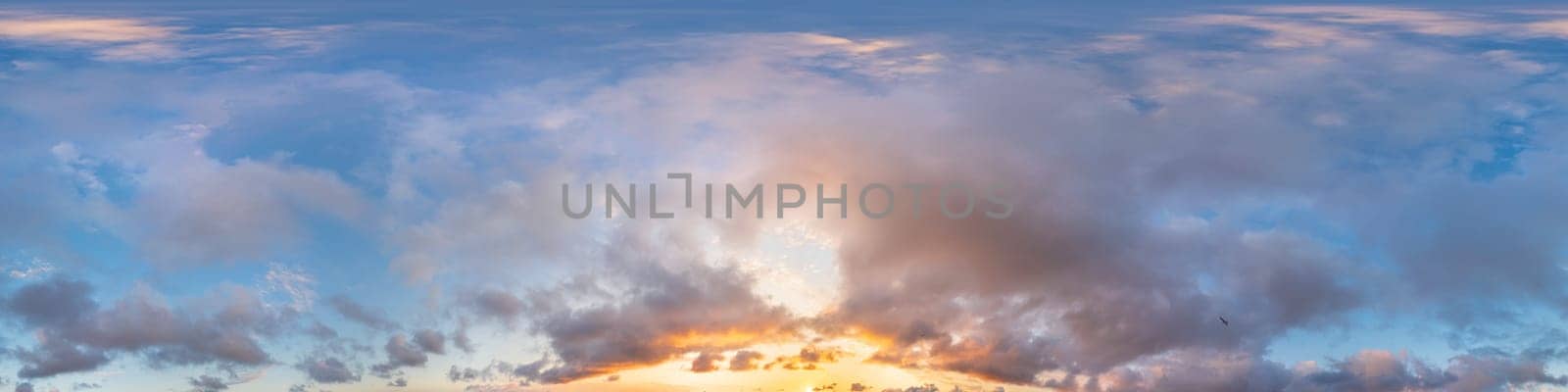 Dark blue sunset sky panorama with pink Cumulus clouds. Seamless hdr 360 pano in spherical equirectangular format. Full zenith for 3D visualization, game, sky replacement for aerial drone panoramas