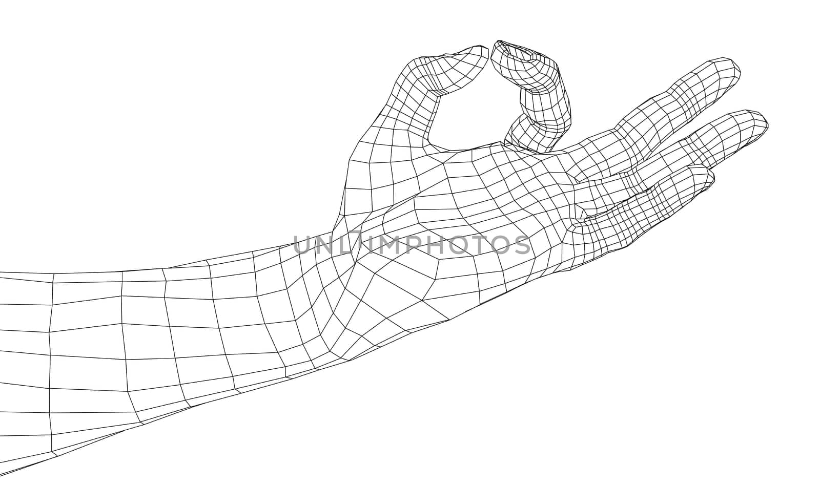 Hand OK sign. 3d illustration. Wire-frame style