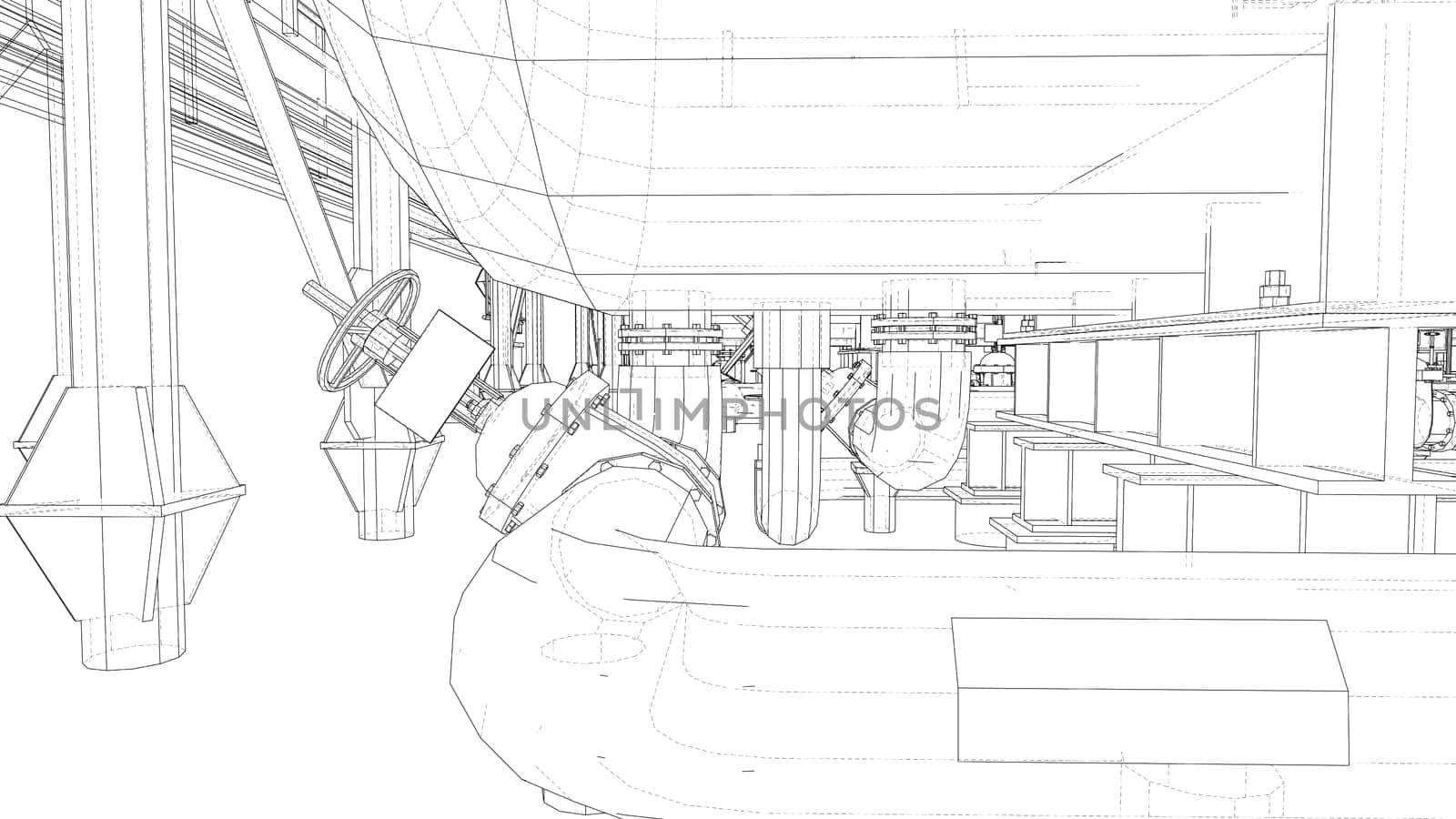 Sketch of industrial equipment. 3d illustration. Wire-frame style