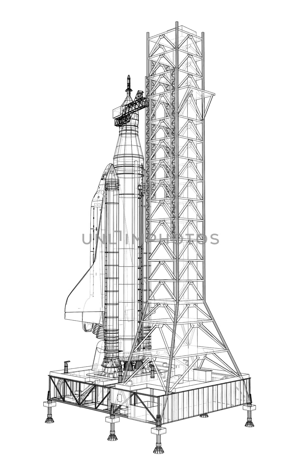 Space Rocket on launch pad. 3d illustration. Wire-frame style. Elements of this image furnished by NASA