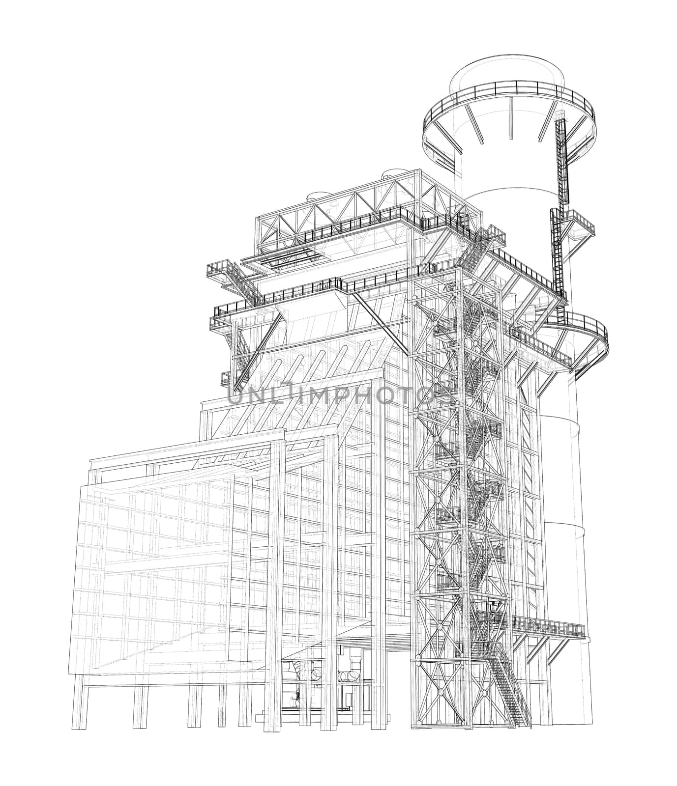 Industrial equipment. Large Industrial Furnace. 3d illustration. Wire-frame style