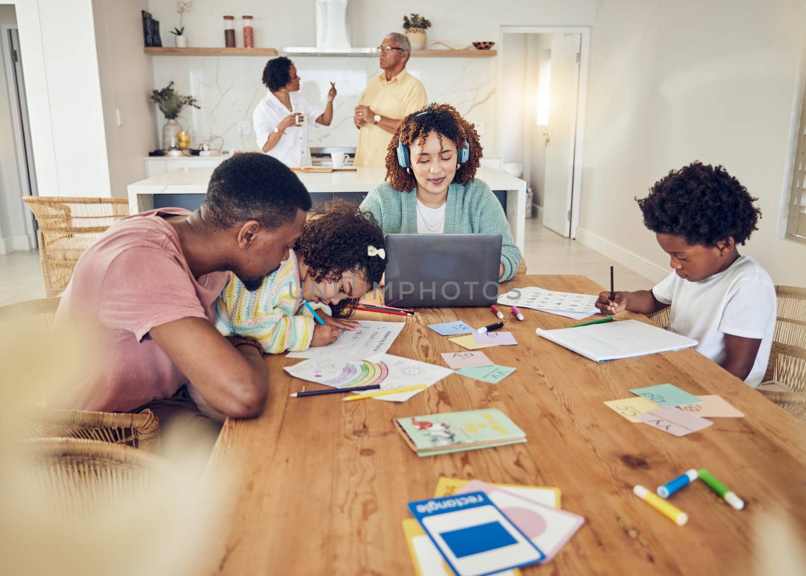 Remote work, homework and busy big family together for work, learning and conversation. Drawing, talking and parents, grandparents and children doing different activities in a house as a group.