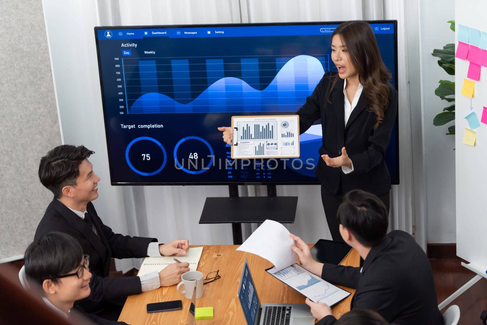 Confidence and young asian businesswoman give presentation on financial business strategy in dashboard report display on screen to colleagues in conference room meeting as harmony in workplace concept