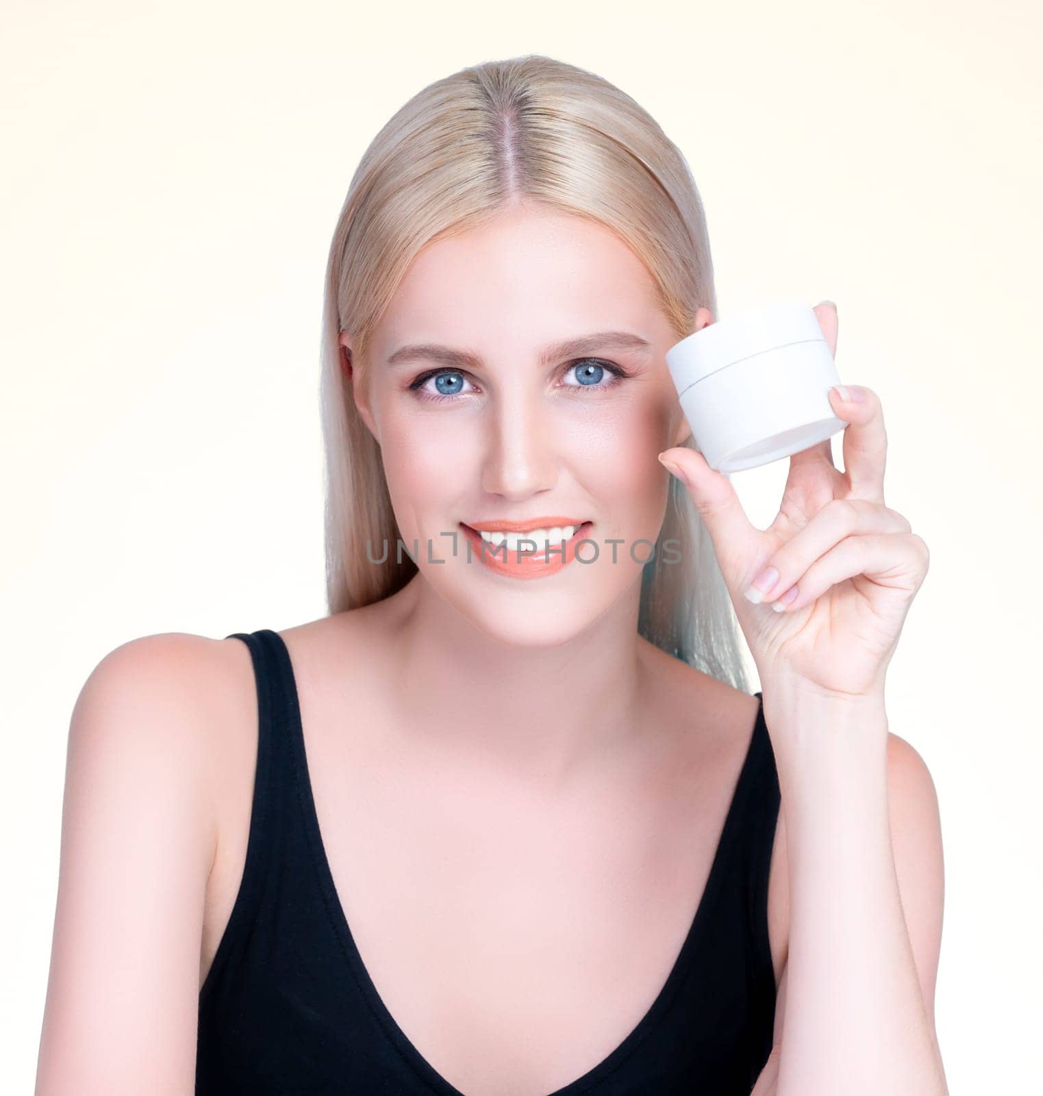 Closeup personable beautiful perfect natural cosmetic makeup skin woman holding mockup jar moisturizer cream for healthy skincare treatment, anti-aging product advertisement in isolated background.