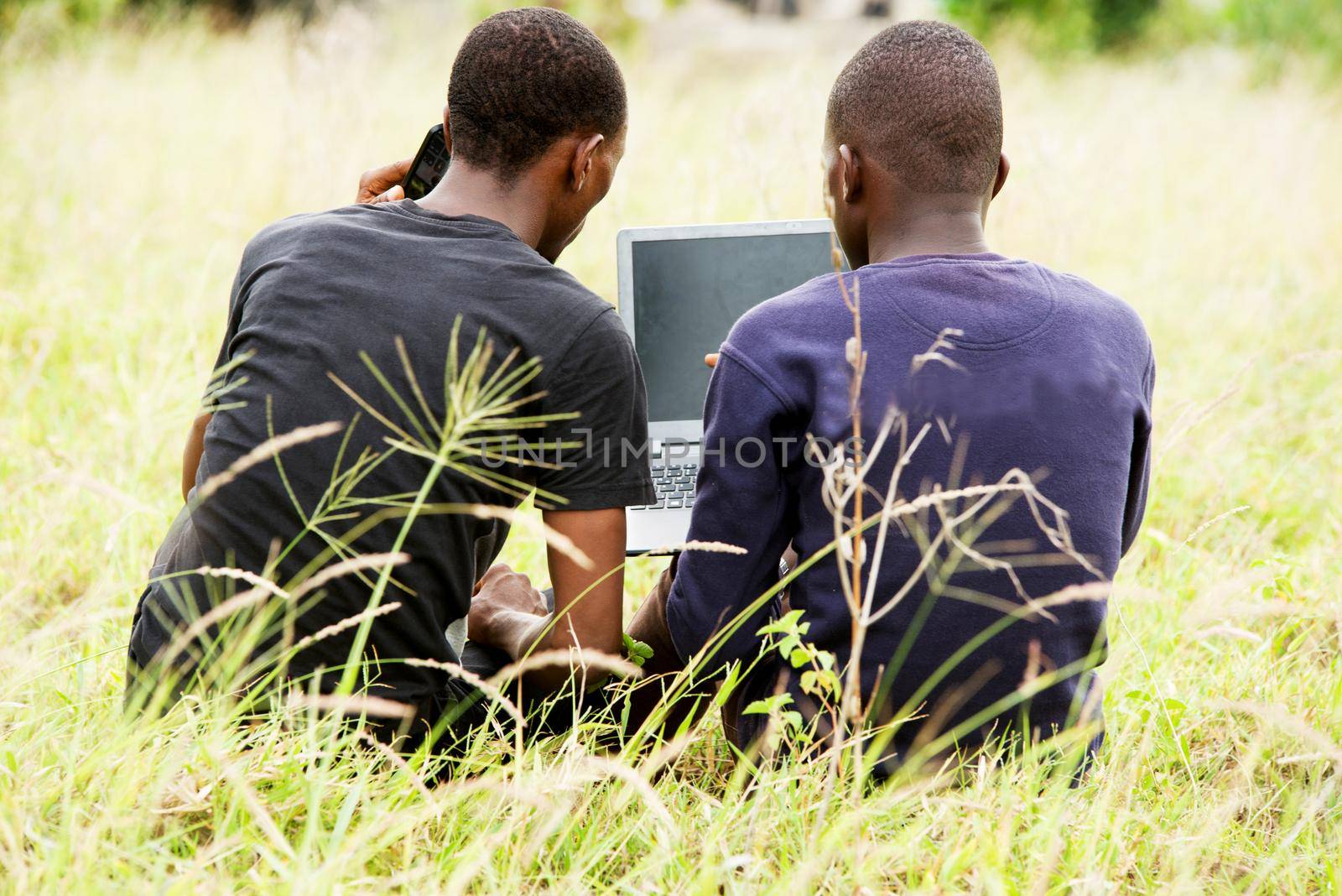 two young students talk, work in front of a laptop and relax while sitting back to the camera in the park.