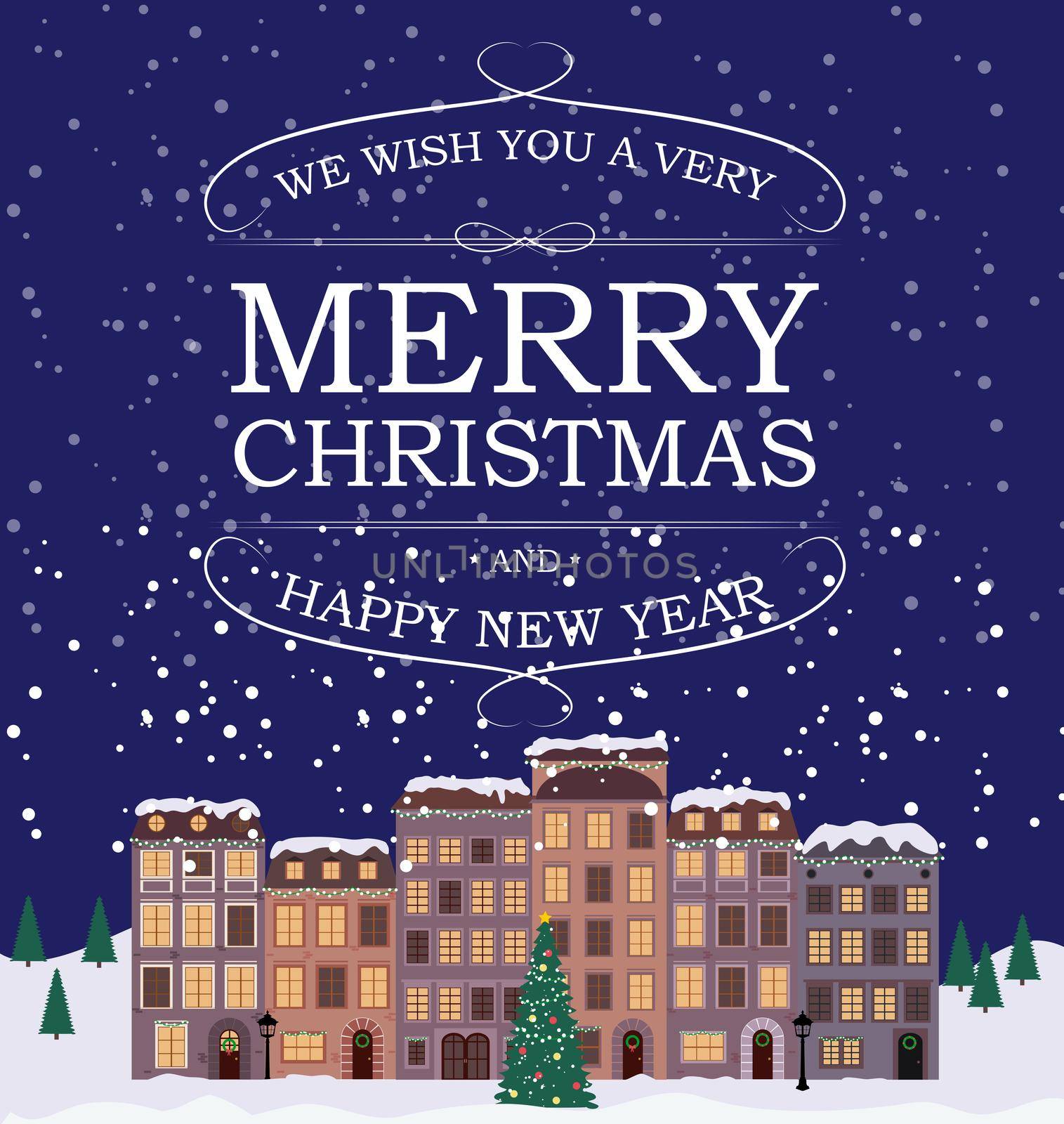 Merry Christmas and Happy New Year Background with Little Town in retro Style. Vector Illustration EPS10