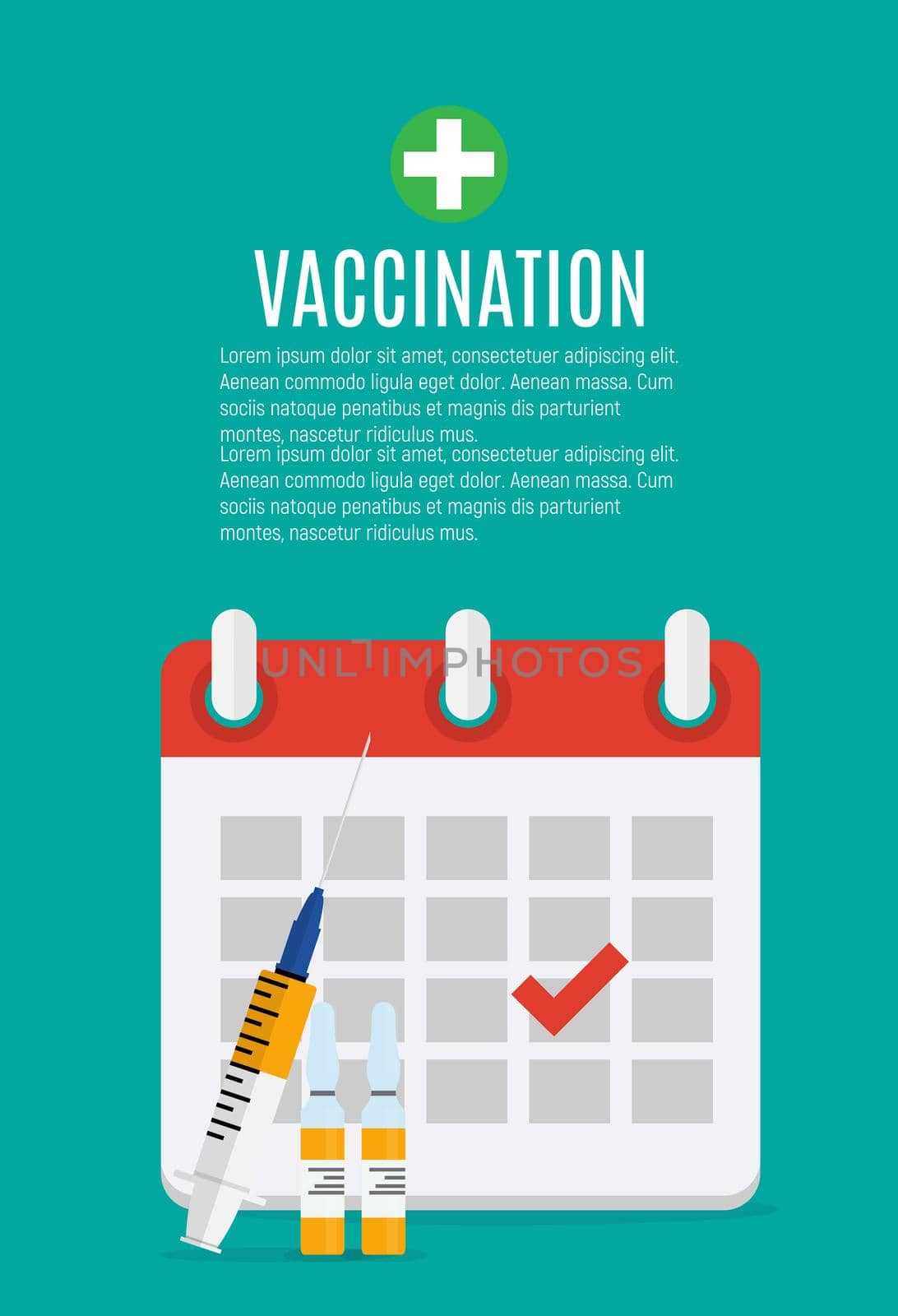 Vaccination concept flat background. Medical awareness flu, polio influenza poster. Vector Illustration by yganko