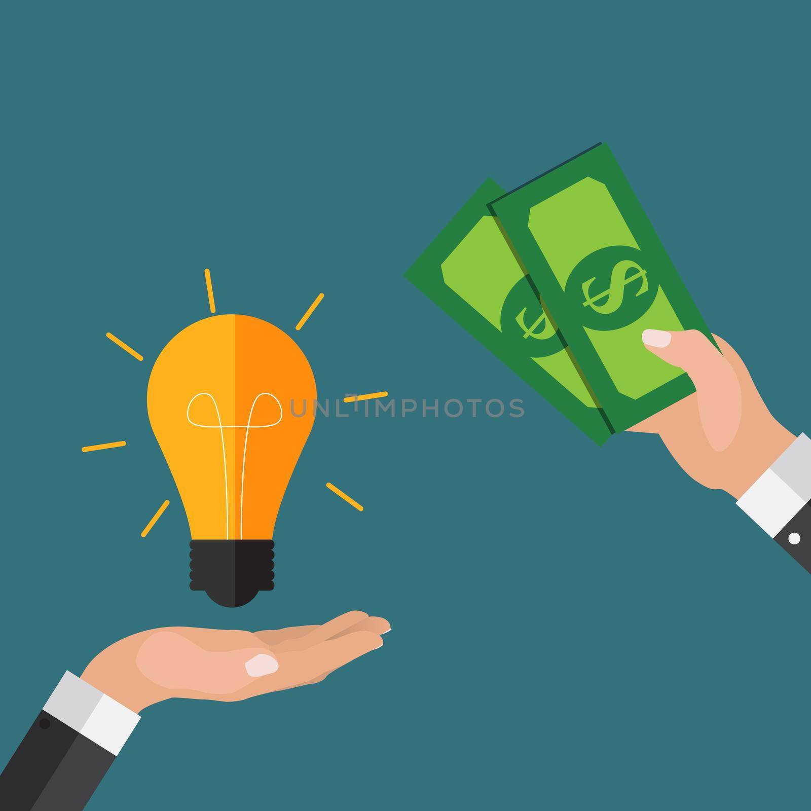 Hand holds money and light bulb. Investing in innovation concept. Modern flat design graphics. Vector illustration EPS10