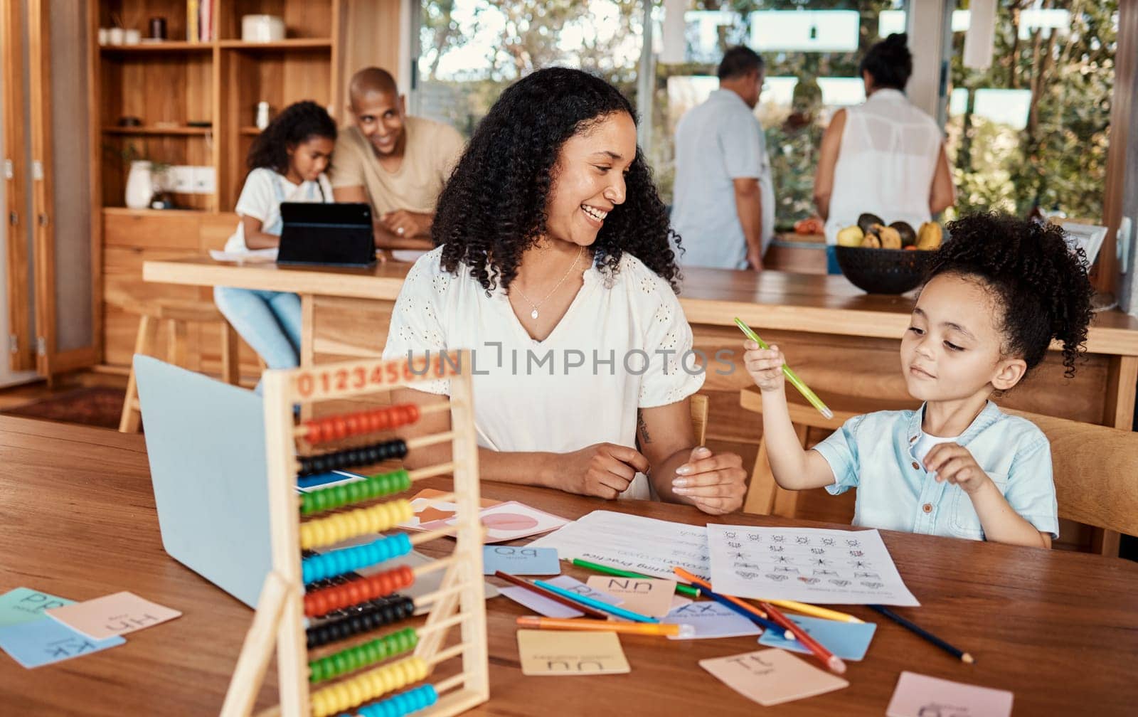 Learning, home education and mother with child for translation, language development or numbers in family house. Mom or happy woman and kid helping, support or teaching him maths and writing together.